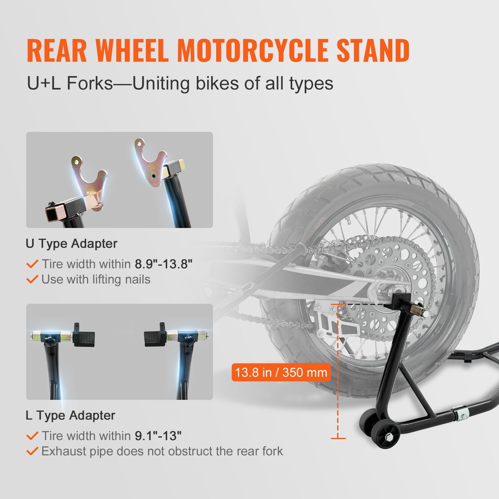 VEVOR Motorcycle Stand Lift, 850lbs Front Rear Combo Stand Lift Stand, Front and Rear Wheel Fork Stand, U+L Fork Swingarm Spool, Compatible with Most Yamaha Honda Kawasaki Suzuki Motorcycles, Black