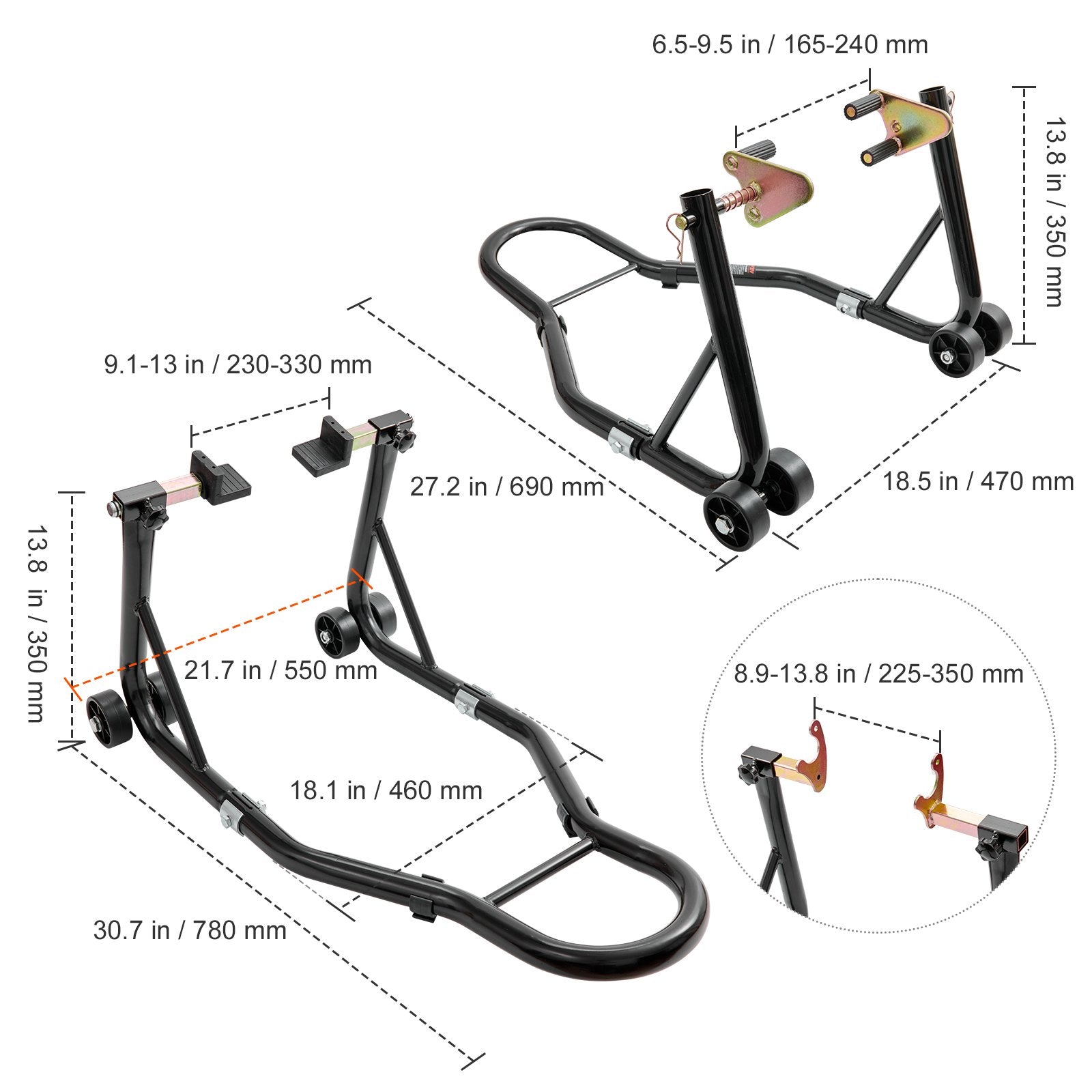 VEVOR Motorcycle Stand Lift, 850lbs Front Rear Combo Stand Lift Stand, Front and Rear Wheel Fork Stand, U+L Fork Swingarm Spool, Compatible with Most Yamaha Honda Kawasaki Suzuki Motorcycles, Black
