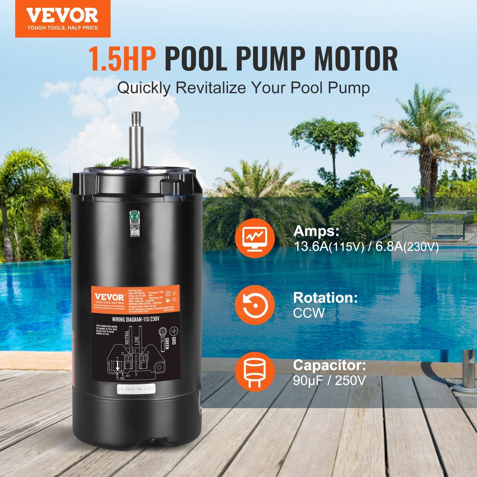 VEVOR 1.5 HP Pool Pump Motor, 56J Frame, 115V(13.6 Amps)/230V(6.8 Amps) 3450 RPM, 60Hz, 1.3 Service Factor, 90?F/250V Capacitor, CCW Rotation Round Flange Replacement Motor