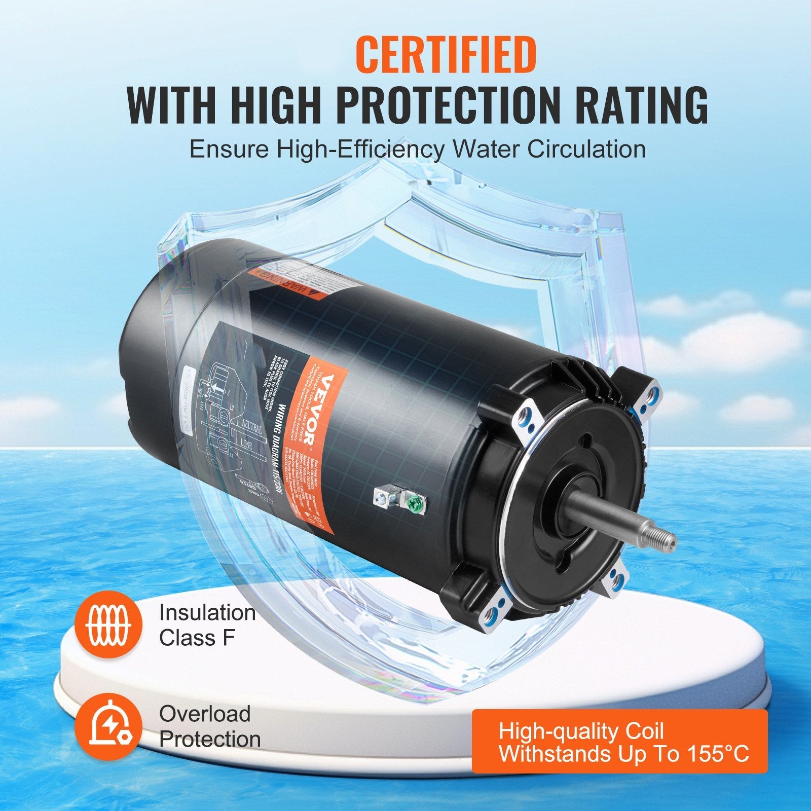 VEVOR 1.5 HP Pool Pump Motor, 56J Frame, 115V(13.6 Amps)/230V(6.8 Amps) 3450 RPM, 60Hz, 1.3 Service Factor, 90?F/250V Capacitor, CCW Rotation Round Flange Replacement Motor