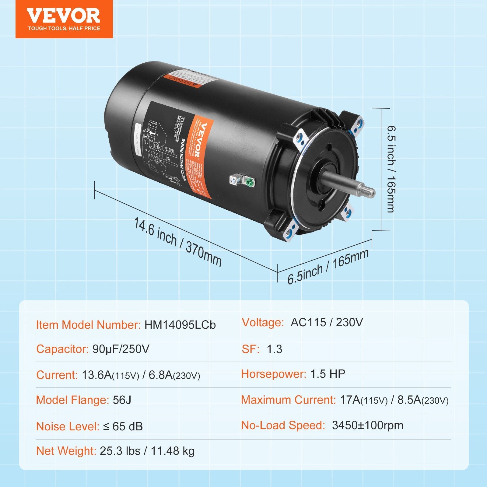 VEVOR 1.5 HP Pool Pump Motor, 56J Frame, 115V(13.6 Amps)/230V(6.8 Amps) 3450 RPM, 60Hz, 1.3 Service Factor, 90?F/250V Capacitor, CCW Rotation Round Flange Replacement Motor