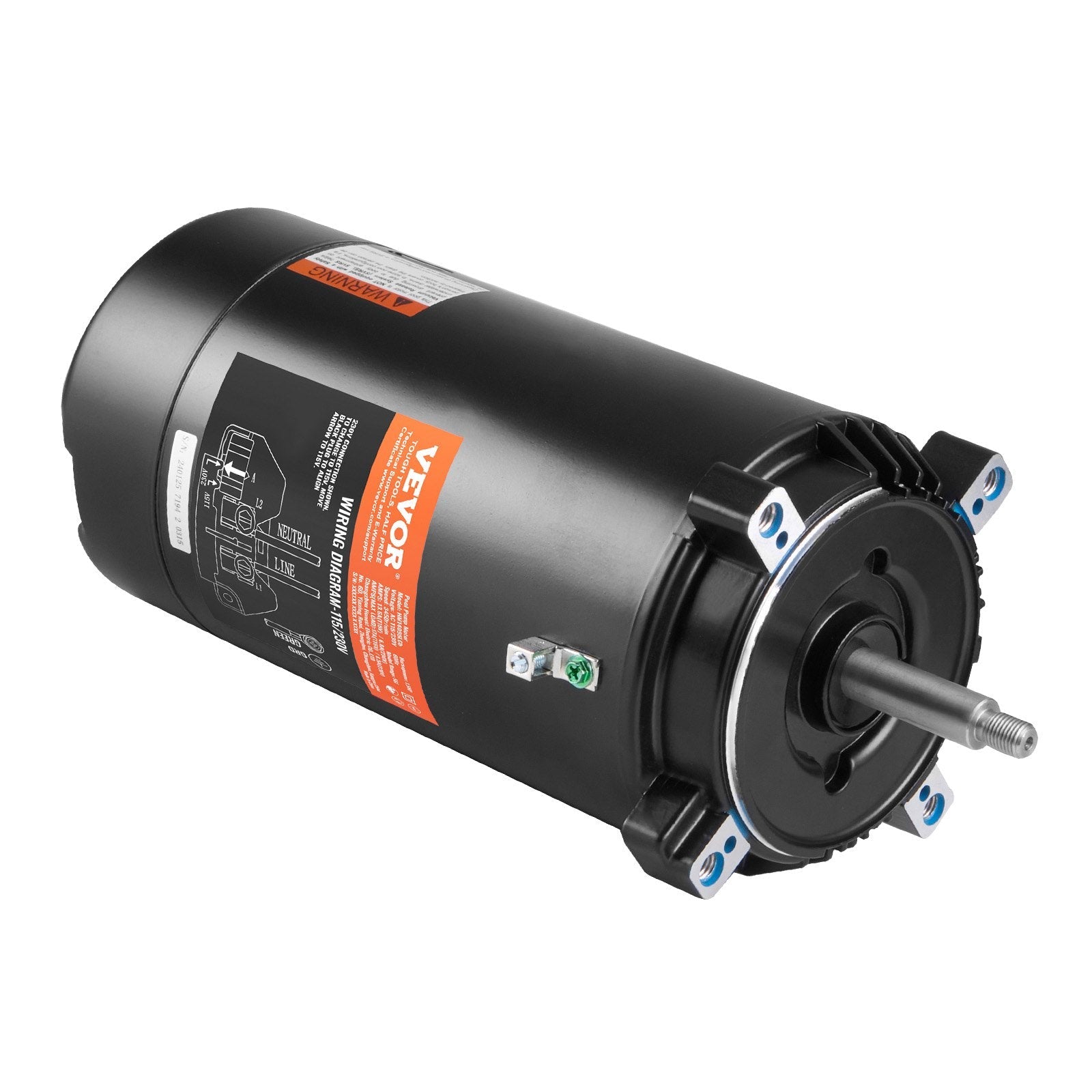 VEVOR 1.5 HP Pool Pump Motor, 56J Frame, 115V(13.6 Amps)/230V(6.8 Amps) 3450 RPM, 60Hz, 1.3 Service Factor, 90?F/250V Capacitor, CCW Rotation Round Flange Replacement Motor