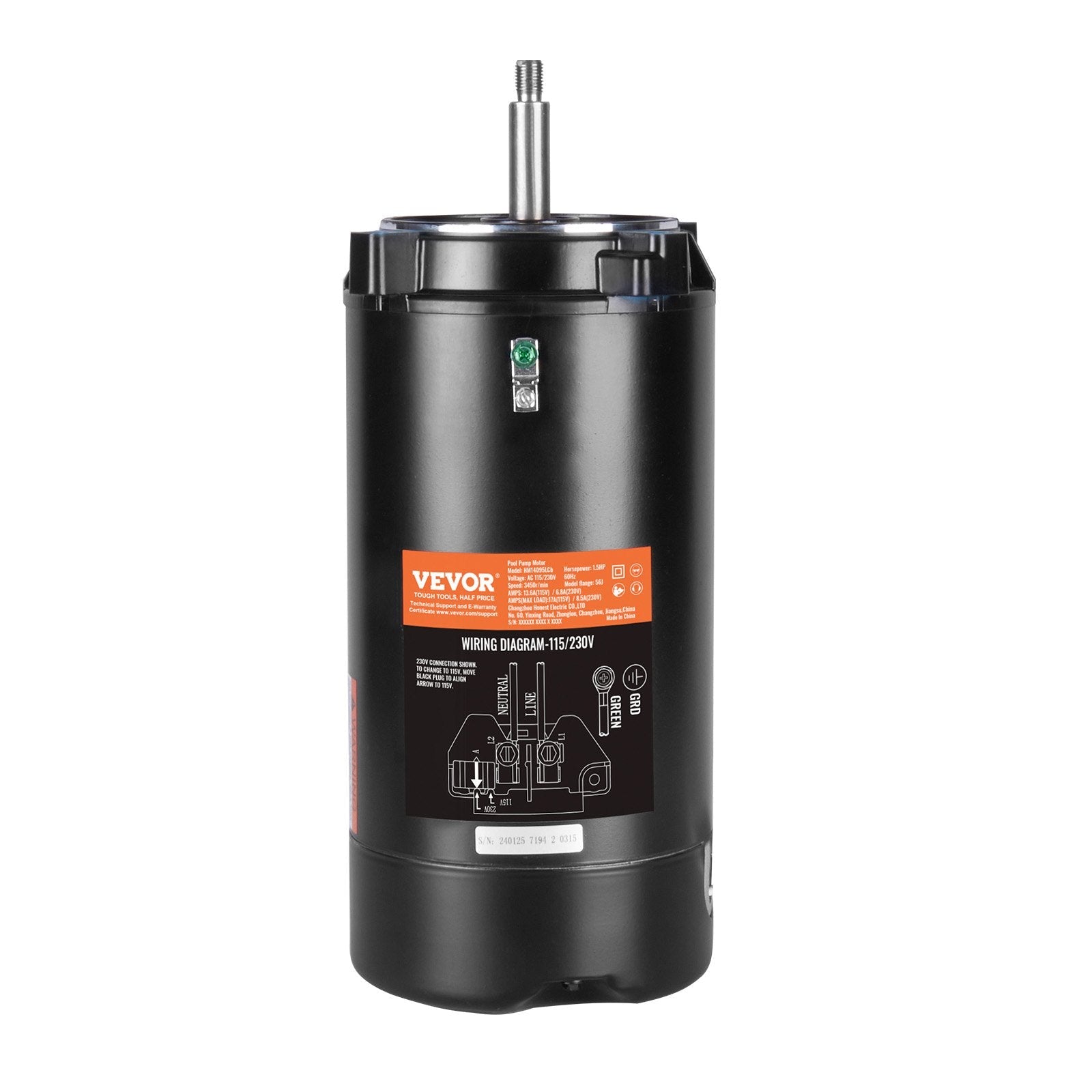 VEVOR 1.5 HP Pool Pump Motor, 56J Frame, 115V(13.6 Amps)/230V(6.8 Amps) 3450 RPM, 60Hz, 1.3 Service Factor, 90?F/250V Capacitor, CCW Rotation Round Flange Replacement Motor