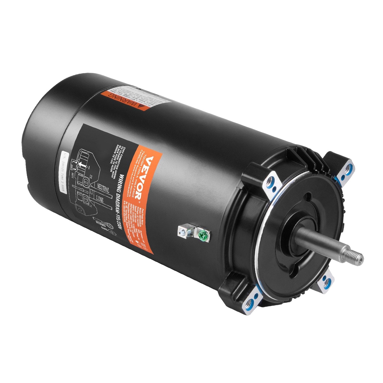 VEVOR 1.5 HP Pool Pump Motor, 56J Frame, 115V(13.6 Amps)/230V(6.8 Amps) 3450 RPM, 60Hz, 1.3 Service Factor, 90?F/250V Capacitor, CCW Rotation Round Flange Replacement Motor