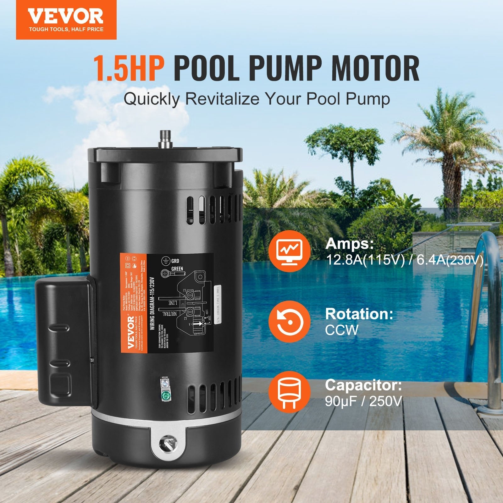 VEVOR 1.5 HP Pool Pump Motor, 56Y Frame, 115V((12.8 Amps))/230V(6.4 Amps) 3450 RPM, 60Hz, 1.1 Service Factor, 90?F/250V Capacitor, CCW Rotation Square Flange Replacement Motor