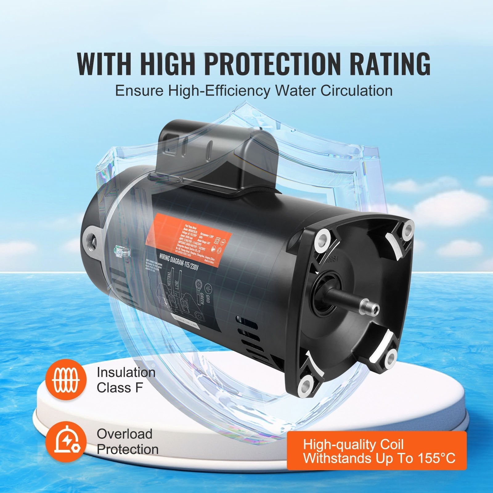 VEVOR 1.5 HP Pool Pump Motor, 56Y Frame, 115V((12.8 Amps))/230V(6.4 Amps) 3450 RPM, 60Hz, 1.1 Service Factor, 90?F/250V Capacitor, CCW Rotation Square Flange Replacement Motor