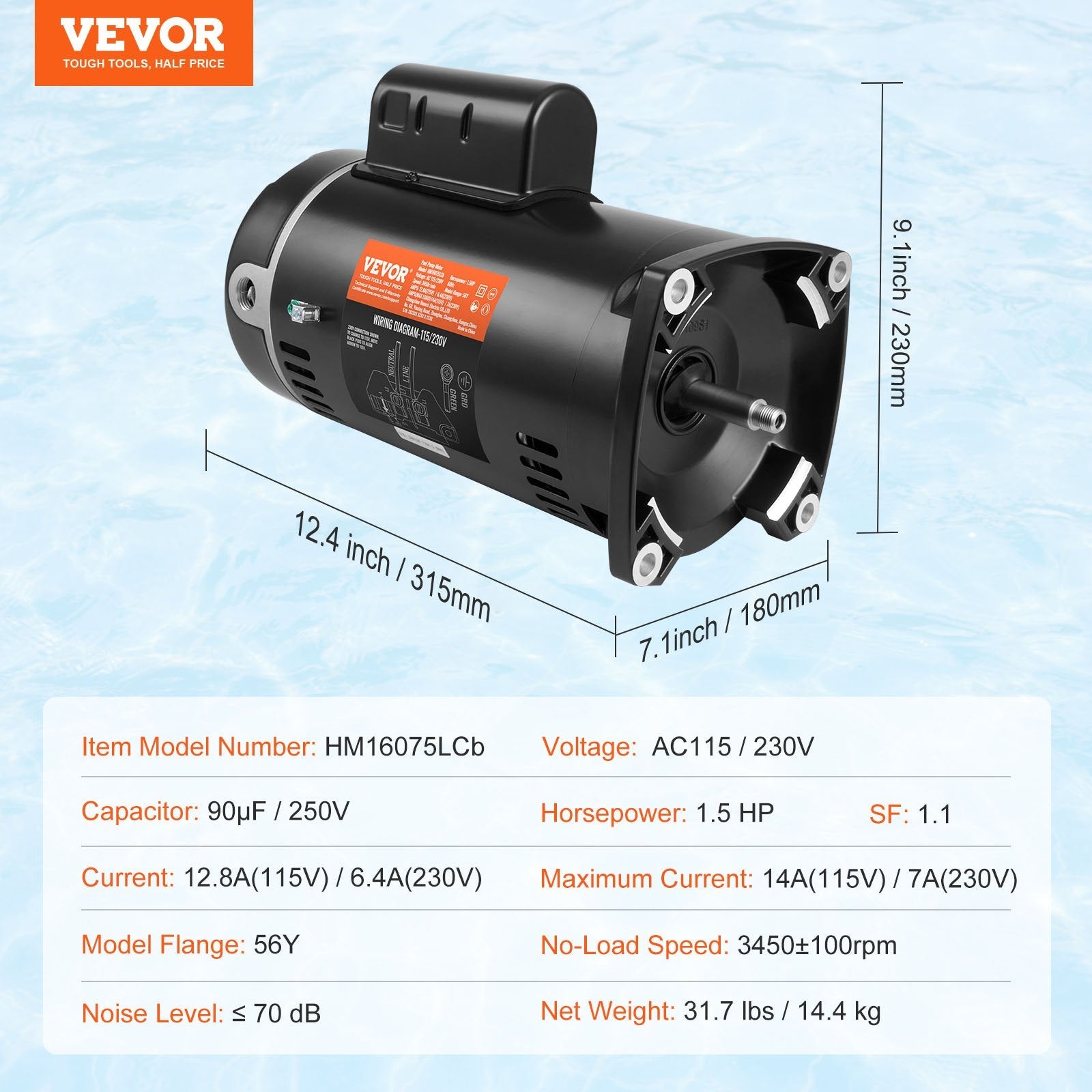 VEVOR 1.5 HP Pool Pump Motor, 56Y Frame, 115V((12.8 Amps))/230V(6.4 Amps) 3450 RPM, 60Hz, 1.1 Service Factor, 90?F/250V Capacitor, CCW Rotation Square Flange Replacement Motor