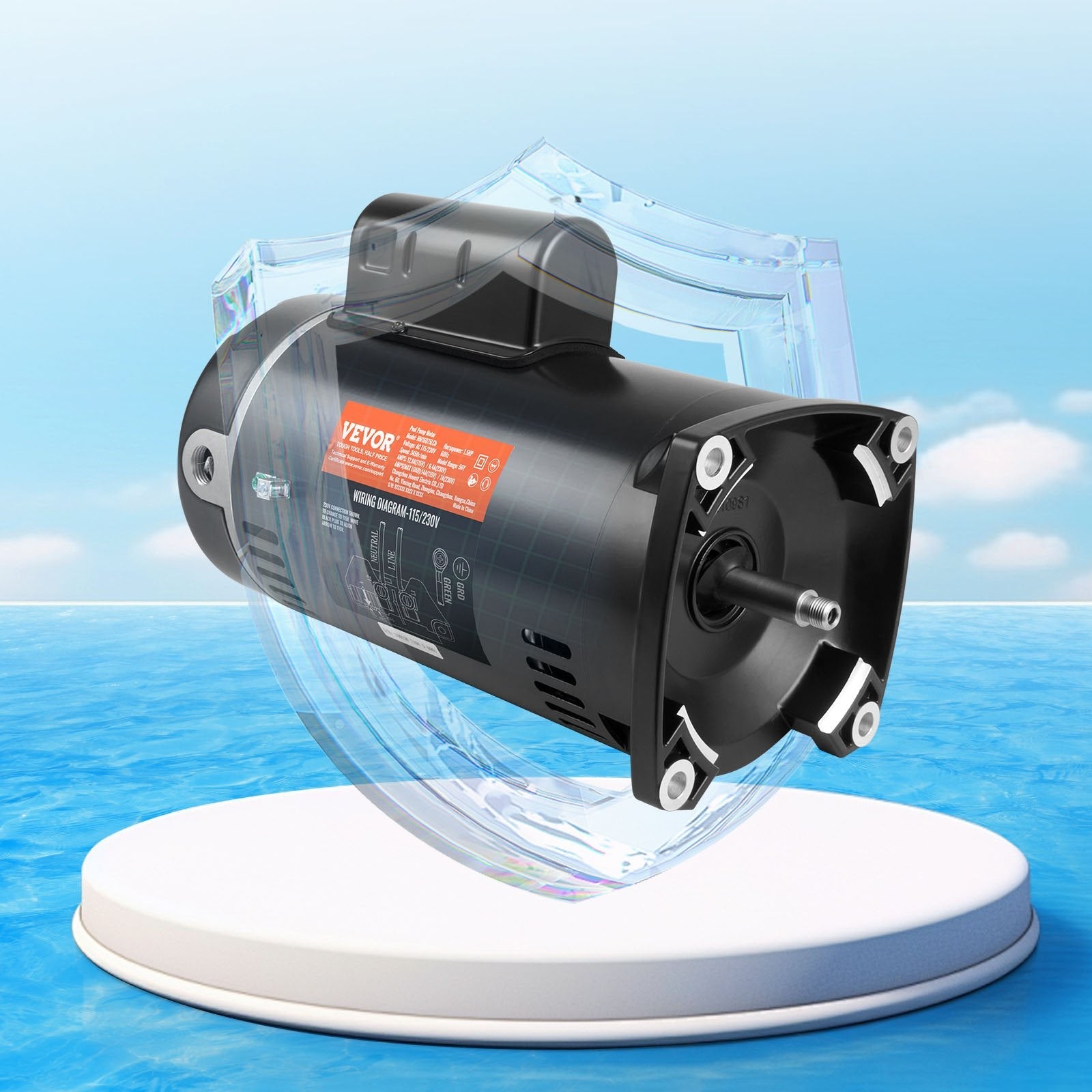 VEVOR 1.5 HP Pool Pump Motor, 56Y Frame, 115V((12.8 Amps))/230V(6.4 Amps) 3450 RPM, 60Hz, 1.1 Service Factor, 90?F/250V Capacitor, CCW Rotation Square Flange Replacement Motor