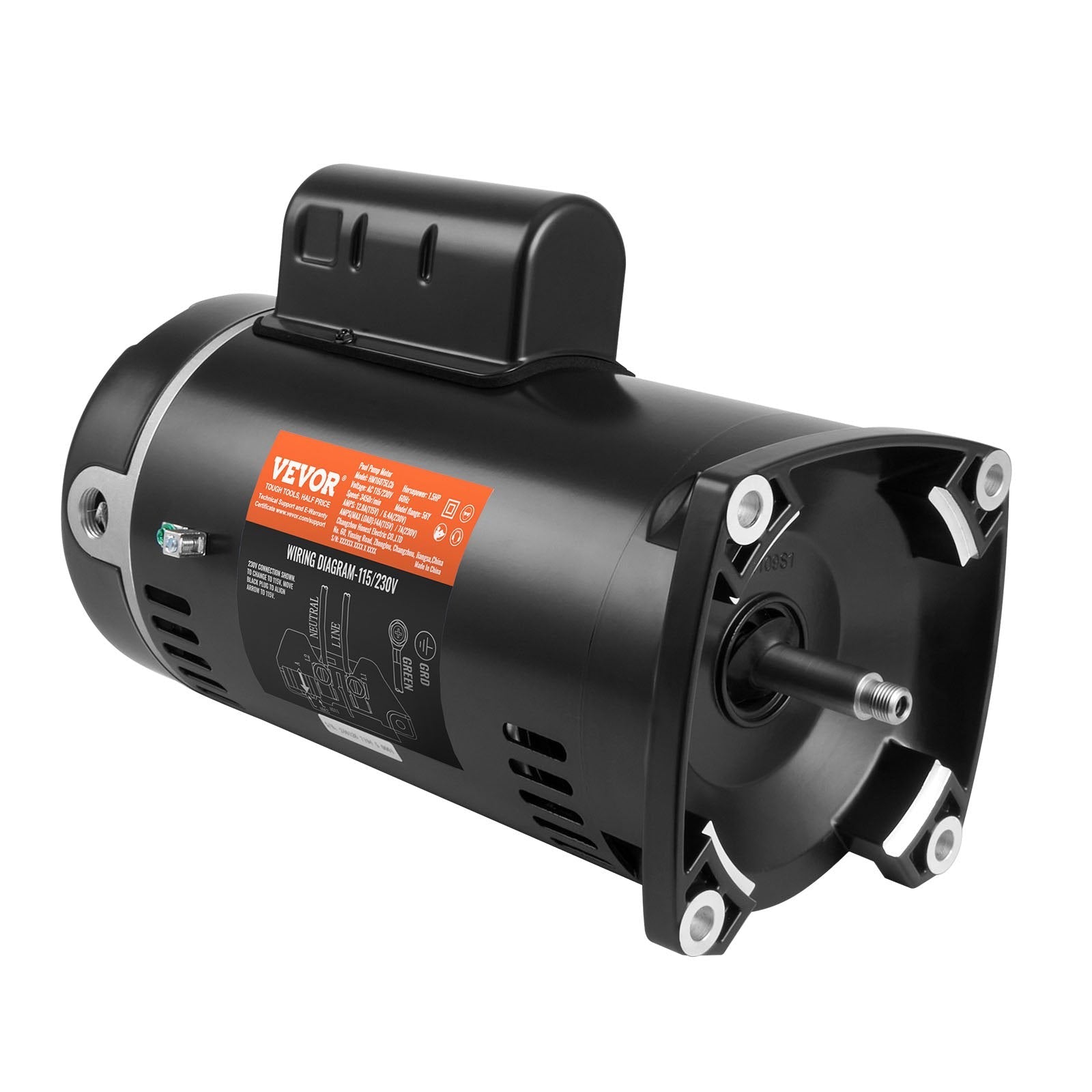VEVOR 1.5 HP Pool Pump Motor, 56Y Frame, 115V((12.8 Amps))/230V(6.4 Amps) 3450 RPM, 60Hz, 1.1 Service Factor, 90?F/250V Capacitor, CCW Rotation Square Flange Replacement Motor