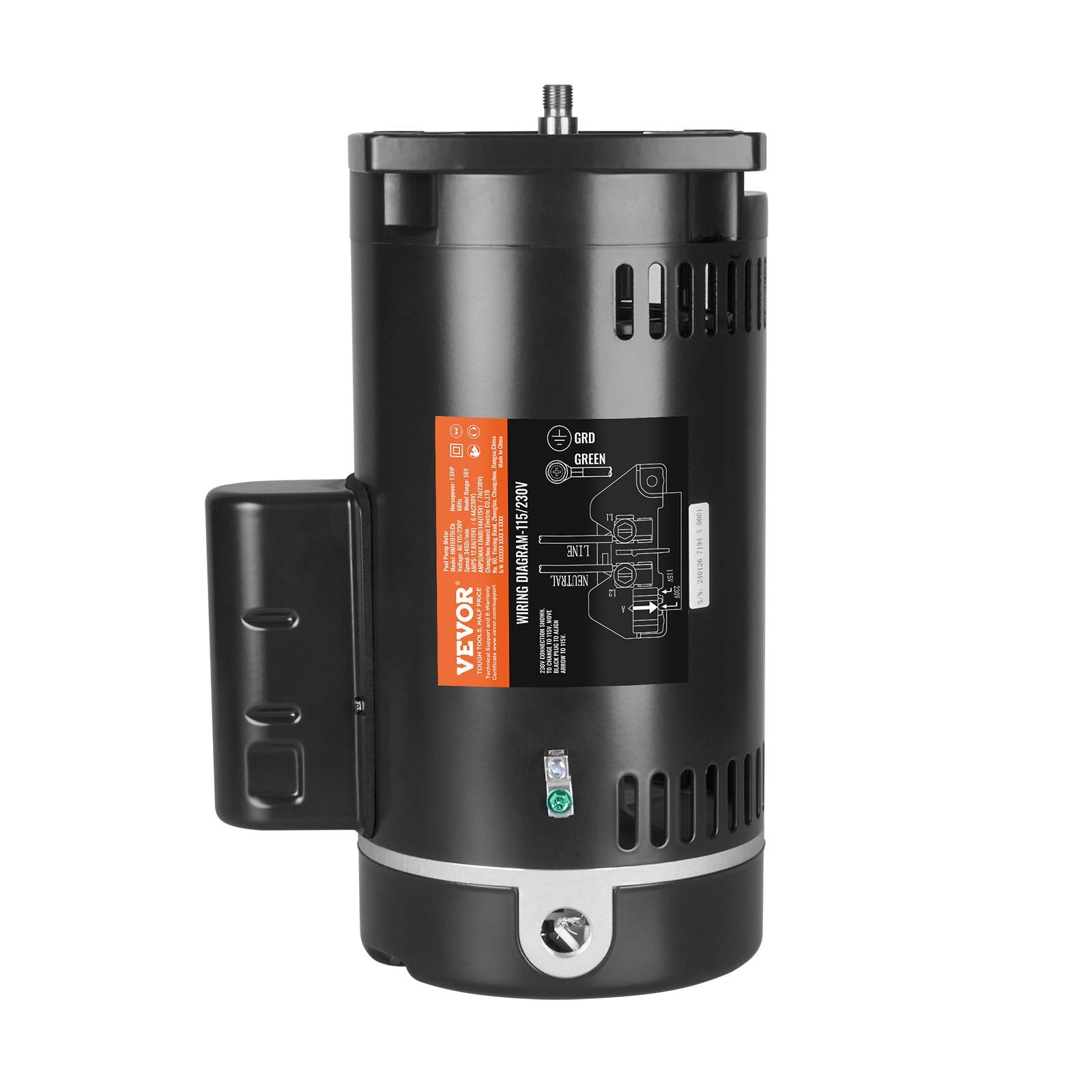 VEVOR 1.5 HP Pool Pump Motor, 56Y Frame, 115V((12.8 Amps))/230V(6.4 Amps) 3450 RPM, 60Hz, 1.1 Service Factor, 90?F/250V Capacitor, CCW Rotation Square Flange Replacement Motor