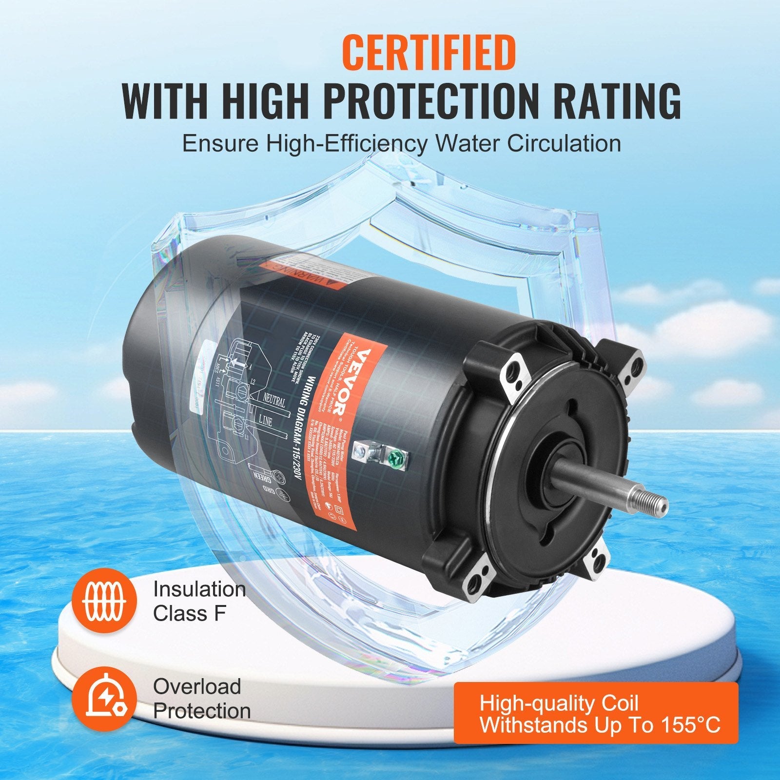 VEVOR 1 HP Pool Pump Motor, 56J Frame, 115V(9.8 Amps)/230V(4.9 Amps) 3450 RPM, 60Hz, 1.4 Service Factor, 90?F/250V Capacitor, CCW Rotation Round Flange Replacement Motor