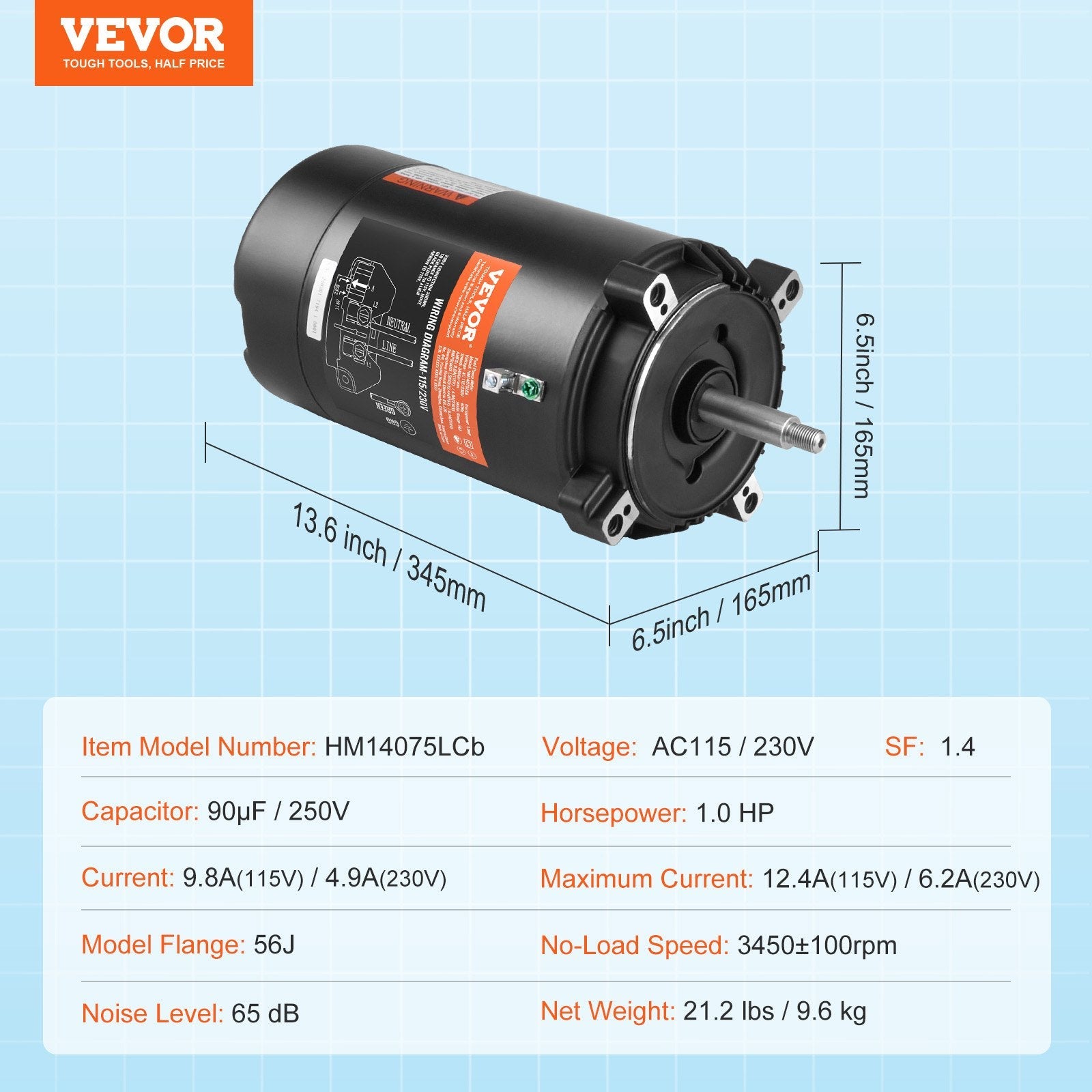 VEVOR 1 HP Pool Pump Motor, 56J Frame, 115V(9.8 Amps)/230V(4.9 Amps) 3450 RPM, 60Hz, 1.4 Service Factor, 90?F/250V Capacitor, CCW Rotation Round Flange Replacement Motor