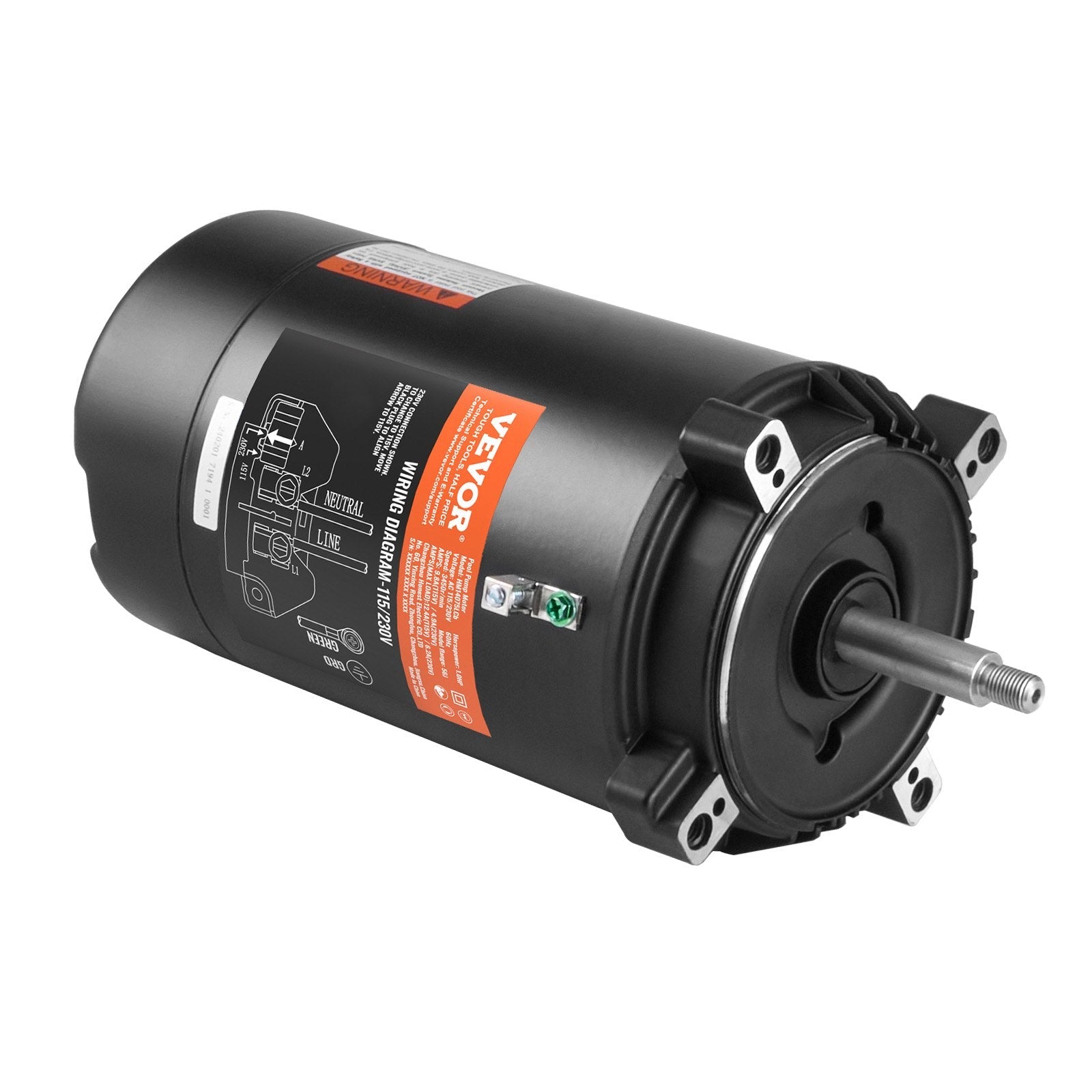 VEVOR 1 HP Pool Pump Motor, 56J Frame, 115V(9.8 Amps)/230V(4.9 Amps) 3450 RPM, 60Hz, 1.4 Service Factor, 90?F/250V Capacitor, CCW Rotation Round Flange Replacement Motor