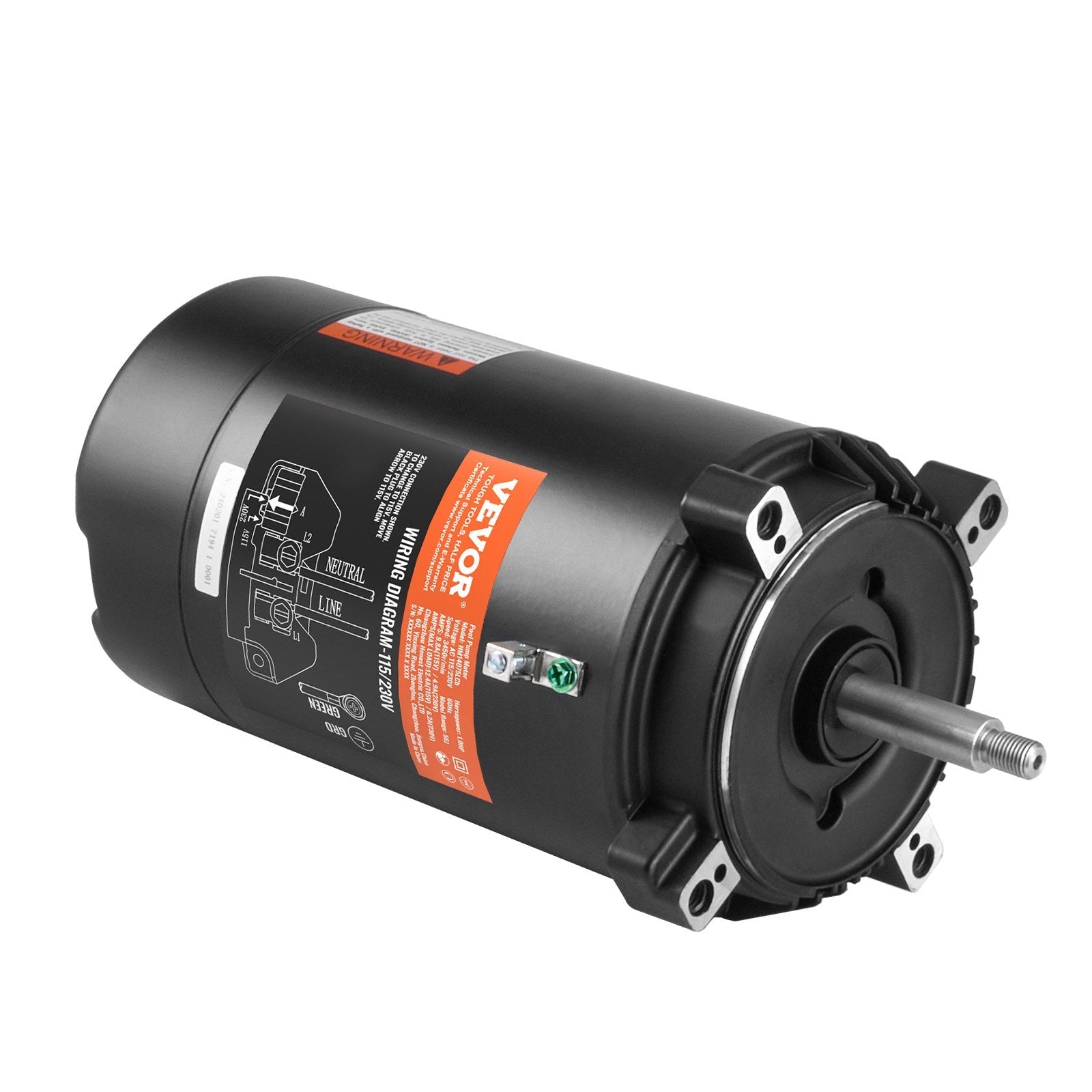VEVOR 1 HP Pool Pump Motor, 56J Frame, 115V(9.8 Amps)/230V(4.9 Amps) 3450 RPM, 60Hz, 1.4 Service Factor, 90?F/250V Capacitor, CCW Rotation Round Flange Replacement Motor