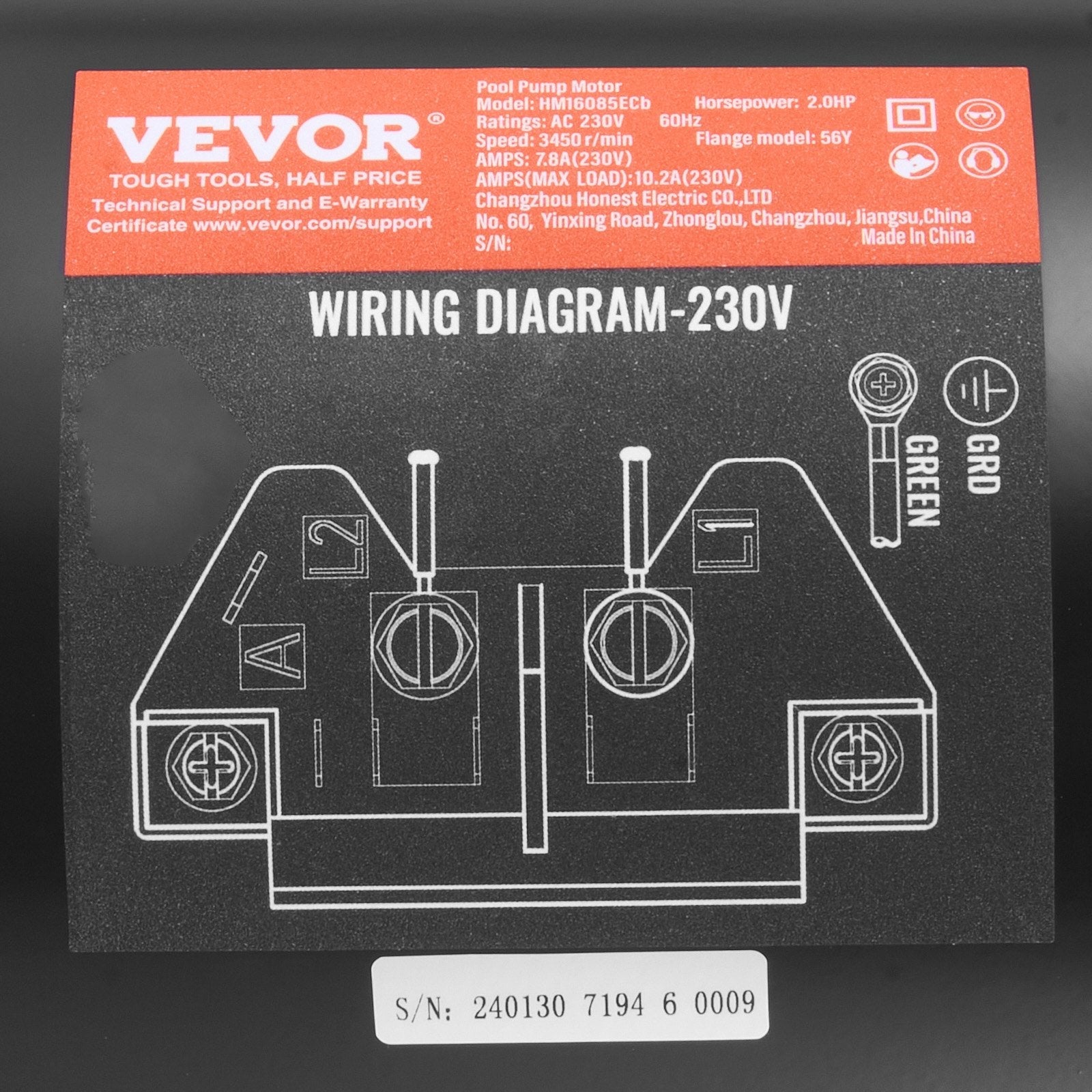 VEVOR 2 HP Pool Pump Motor, 56Y Frame, 230V (7.8 Amps) 3450 RPM, 60Hz, 1.3 Service Factor, 50?F/250V Capacitor, CCW Rotation Square Flange Replacement Motor