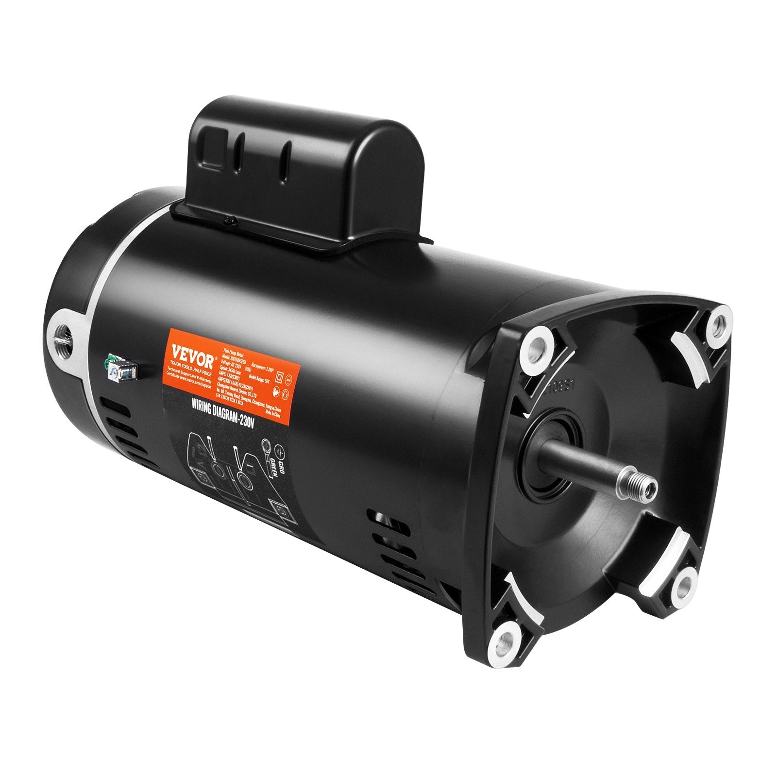 VEVOR 2 HP Pool Pump Motor, 56Y Frame, 230V (7.8 Amps) 3450 RPM, 60Hz, 1.3 Service Factor, 50?F/250V Capacitor, CCW Rotation Square Flange Replacement Motor