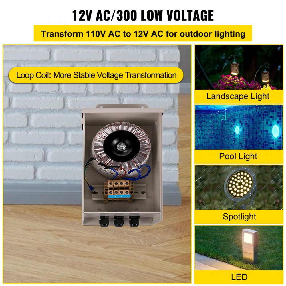 VEVOR Pool Light Transformer, 300 Watt Outdoor Landscape Lighting Transformer, 12V AC Pool Light Transformer, Pool/Spa/Landscape Lighting, Spotlight, Pathway Light, LED Compatible, Weatherproof