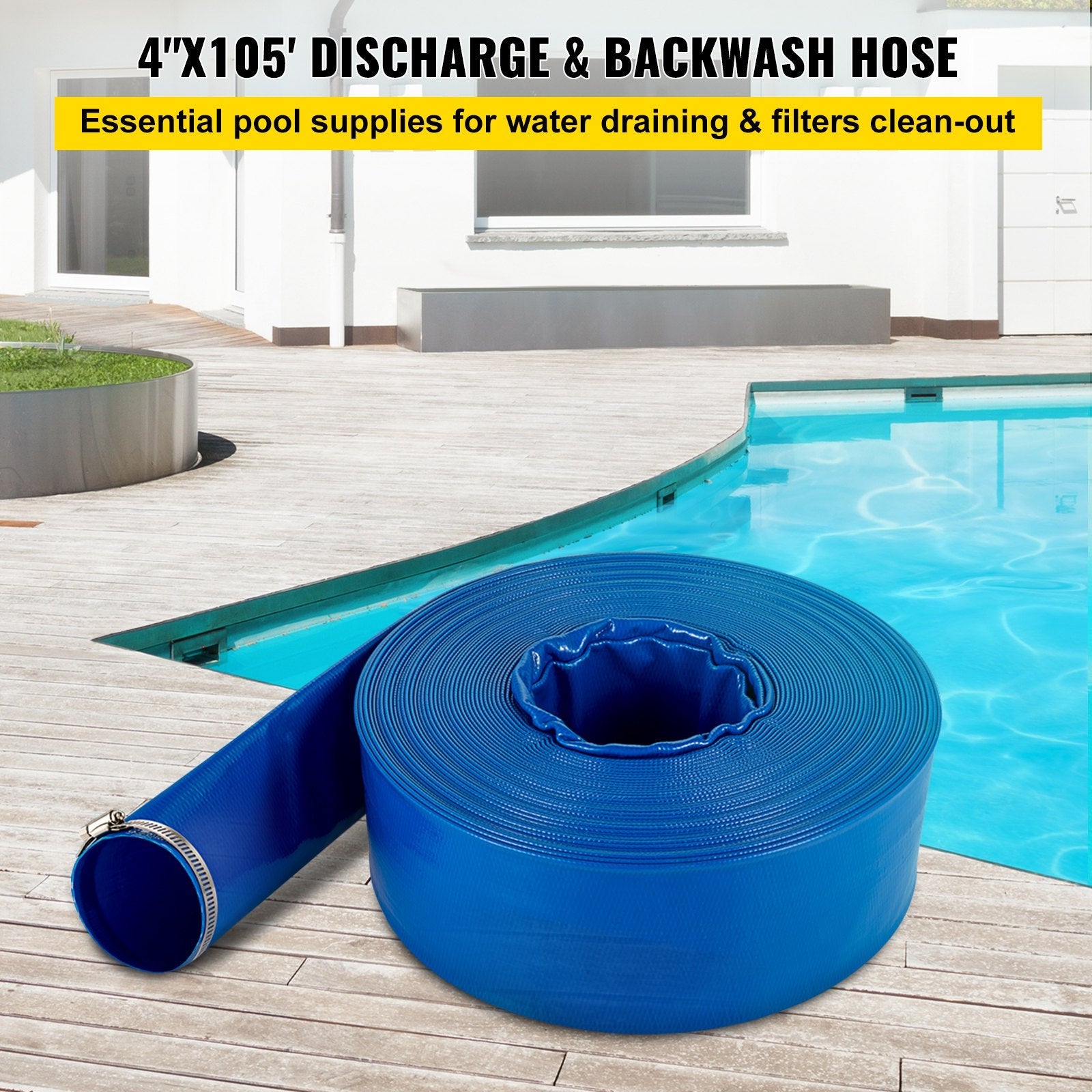 VEVOR Discharge Hose, 4 " x 105 ', PVC Lay Flat Hose, Heavy Duty Backwash Drain Hose with Clamps, Weather-proof & Burst-proof, Ideal for Swimming Pool & Water Transfer, Blue