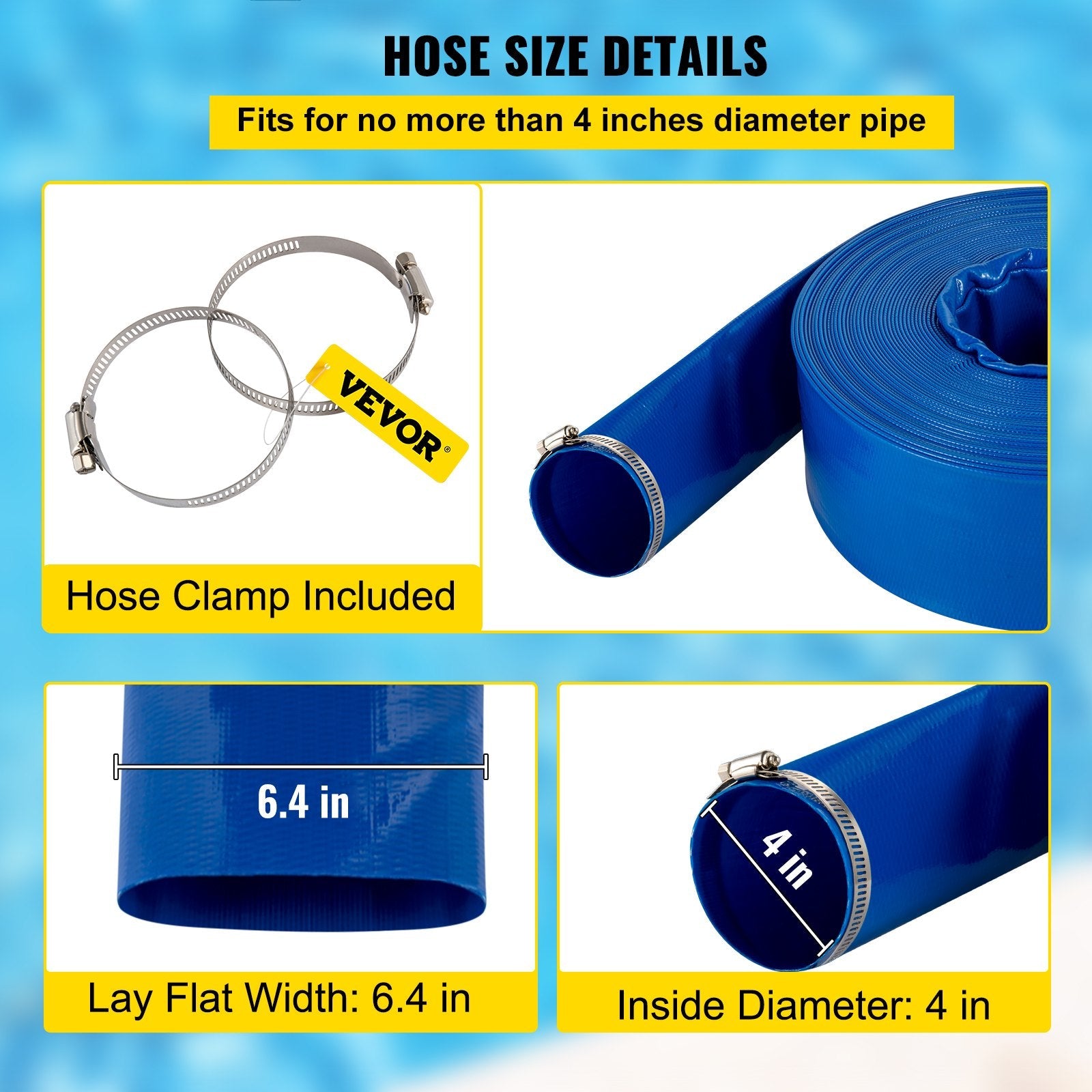 VEVOR Discharge Hose, 4 " x 105 ', PVC Lay Flat Hose, Heavy Duty Backwash Drain Hose with Clamps, Weather-proof & Burst-proof, Ideal for Swimming Pool & Water Transfer, Blue