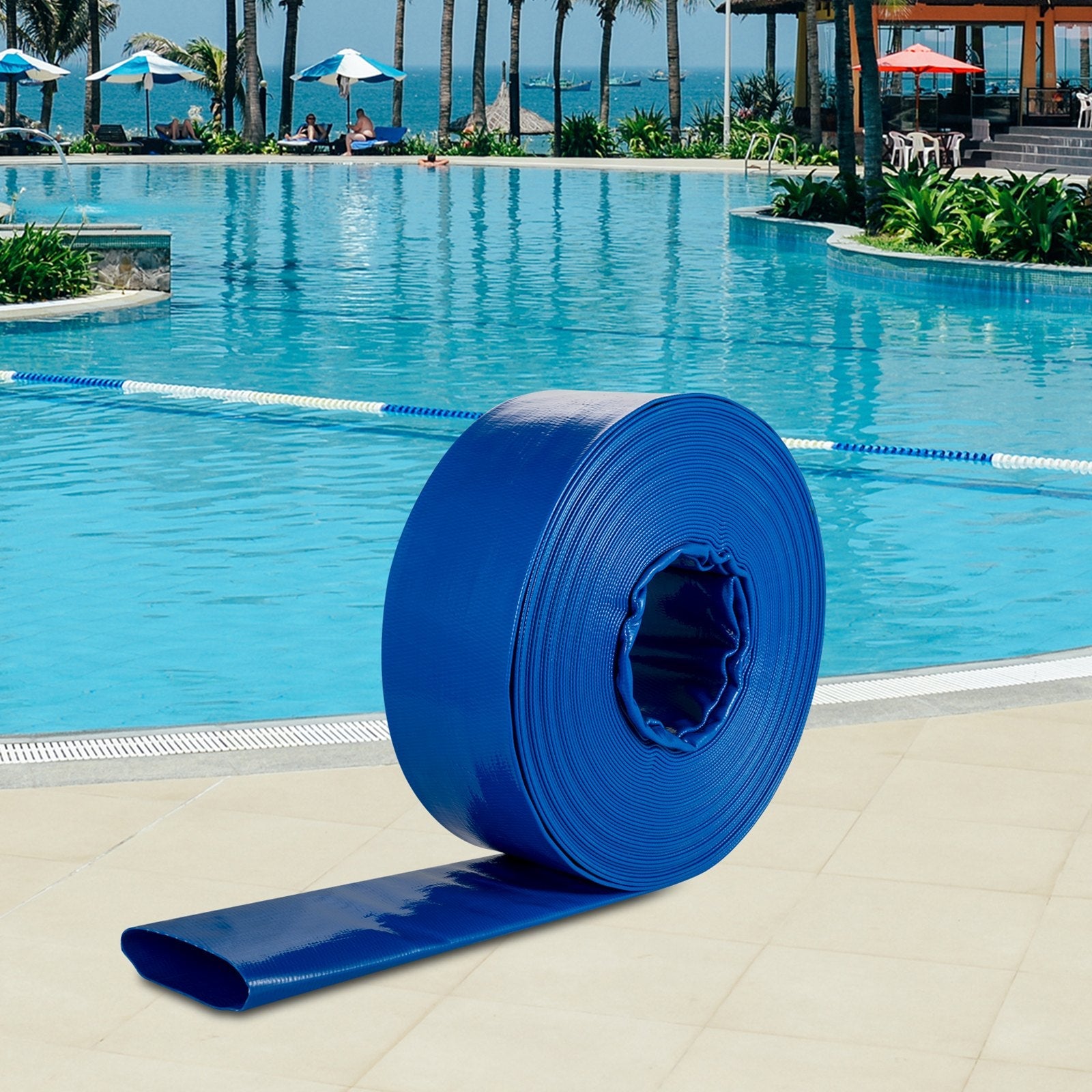 VEVOR Discharge Hose, 4 " x 105 ', PVC Lay Flat Hose, Heavy Duty Backwash Drain Hose with Clamps, Weather-proof & Burst-proof, Ideal for Swimming Pool & Water Transfer, Blue