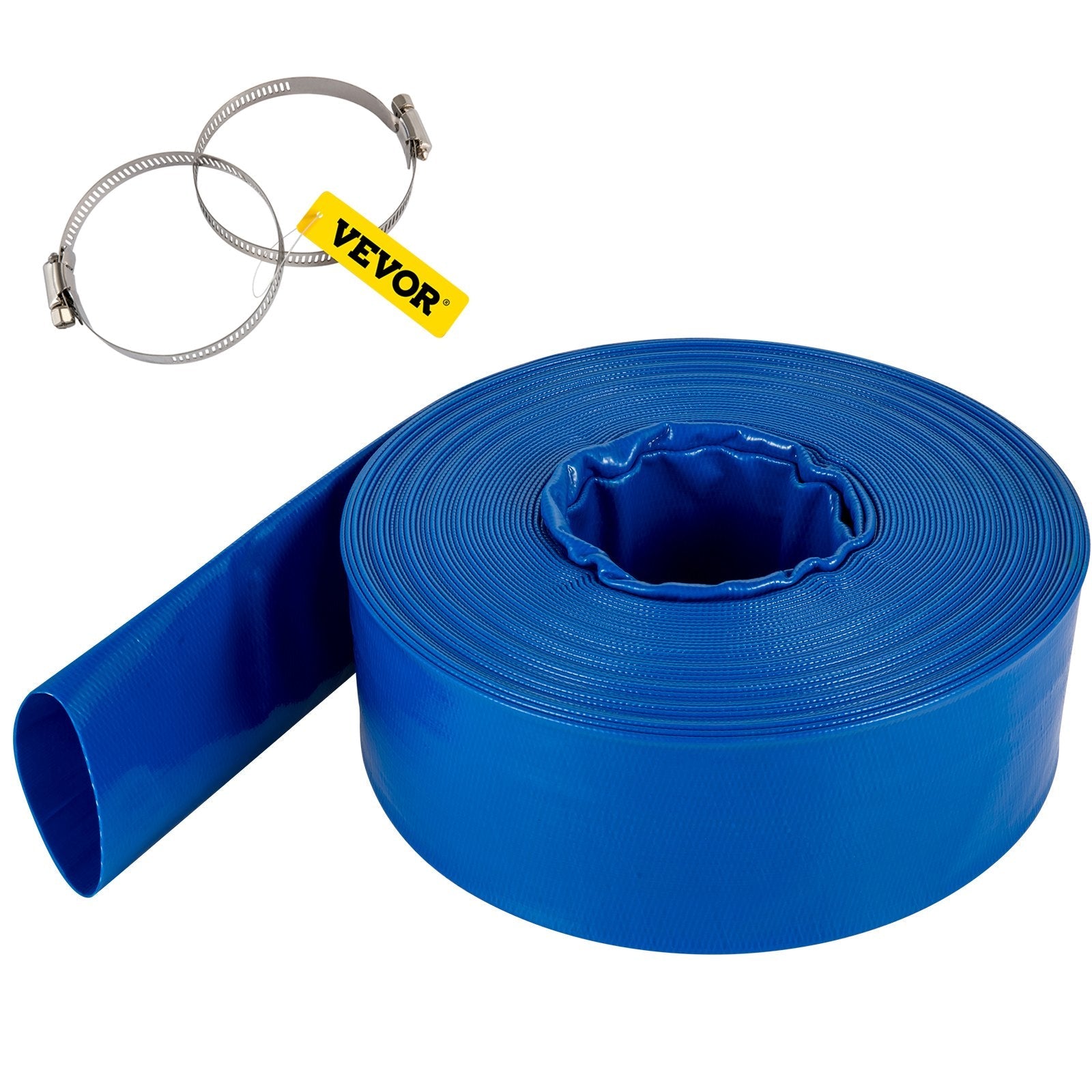 VEVOR Discharge Hose, 4 " x 105 ', PVC Lay Flat Hose, Heavy Duty Backwash Drain Hose with Clamps, Weather-proof & Burst-proof, Ideal for Swimming Pool & Water Transfer, Blue