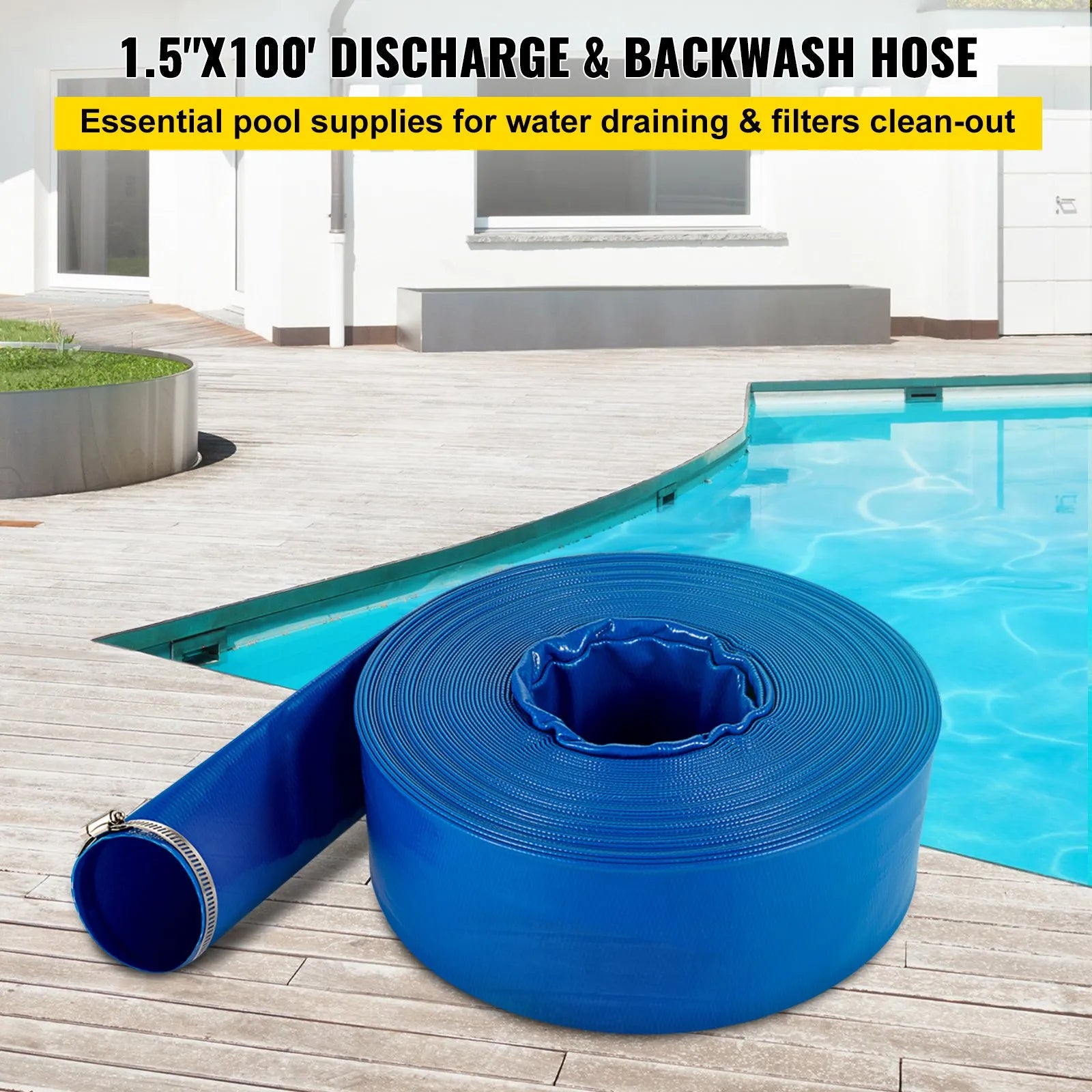 VEVOR Discharge Hose Lay Flat Hose 1-1/2" x 105' PVC Backwash Drain Hose w/Clamp