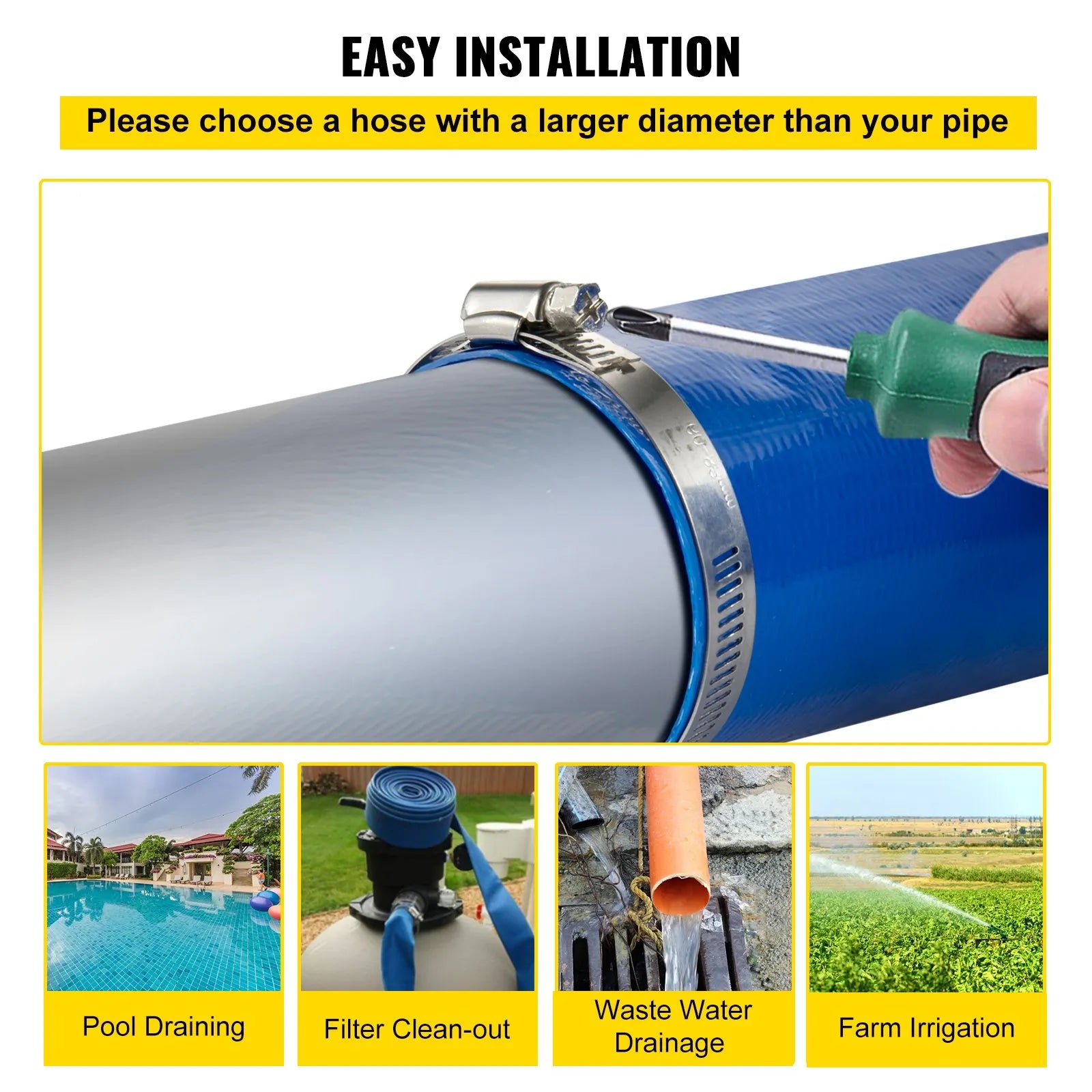 VEVOR Discharge Hose Lay Flat Hose 1-1/2" x 105' PVC Backwash Drain Hose w/Clamp