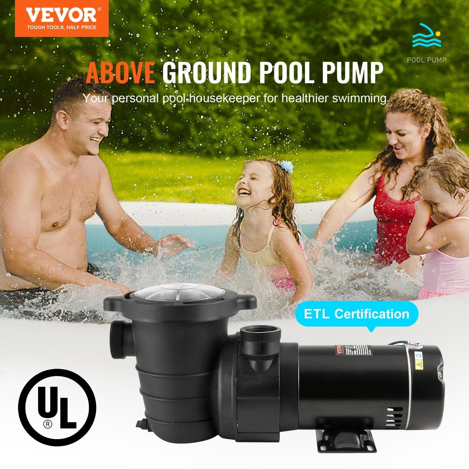 VEVOR Above Ground Pool Pump, 1HP, 80 GPM Max. Flow Single Speed Swimming Pool Pump, 120V 3450 RPM 36 ft Max. Head Lift Pool Pump with Filter Basket, for Above Ground Pools Hot Tubs Spas
