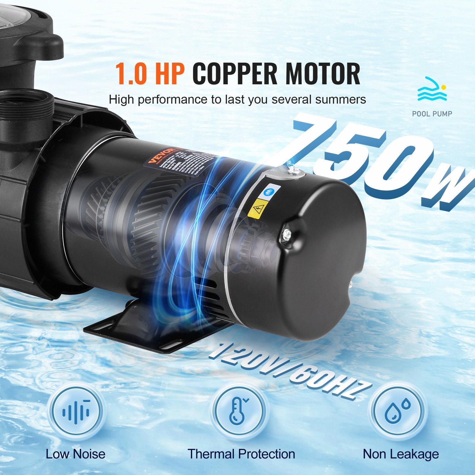 VEVOR Above Ground Pool Pump, 1HP, 80 GPM Max. Flow Single Speed Swimming Pool Pump, 120V 3450 RPM 36 ft Max. Head Lift Pool Pump with Filter Basket, for Above Ground Pools Hot Tubs Spas