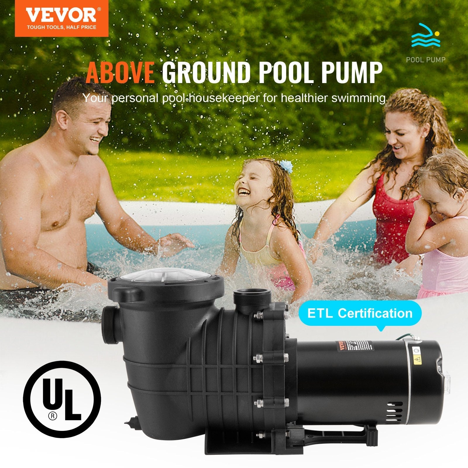 VEVOR Above Ground Pool Pump, 1.5 HP, 100 GPM Single Speed Swimming Pool Pump, 110V/240V 3450 RPM 50.9 ft Max Head Pool Pump with Filter Basket, for Above Ground Pools Hot Tubs Spas