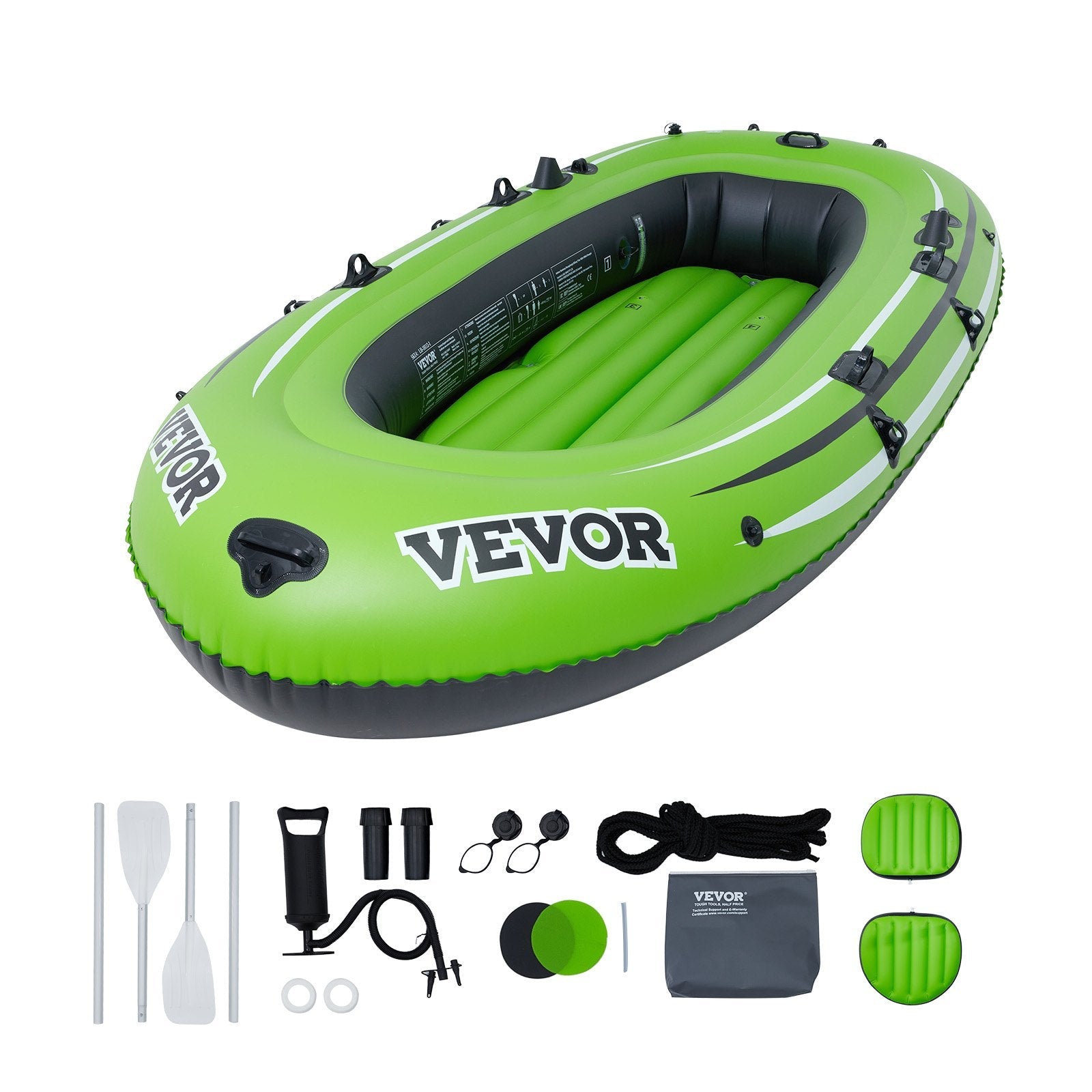 VEVOR Inflatable Boat, 4-Person Inflatable Fishing Boat, Strong PVC Portable Boat Raft Kayak, 45.6" Aluminum Oars, High-Output Pump, Fishing Rod Holders, and 2 Seats, 1100 lb Capacity for Adults, Kids