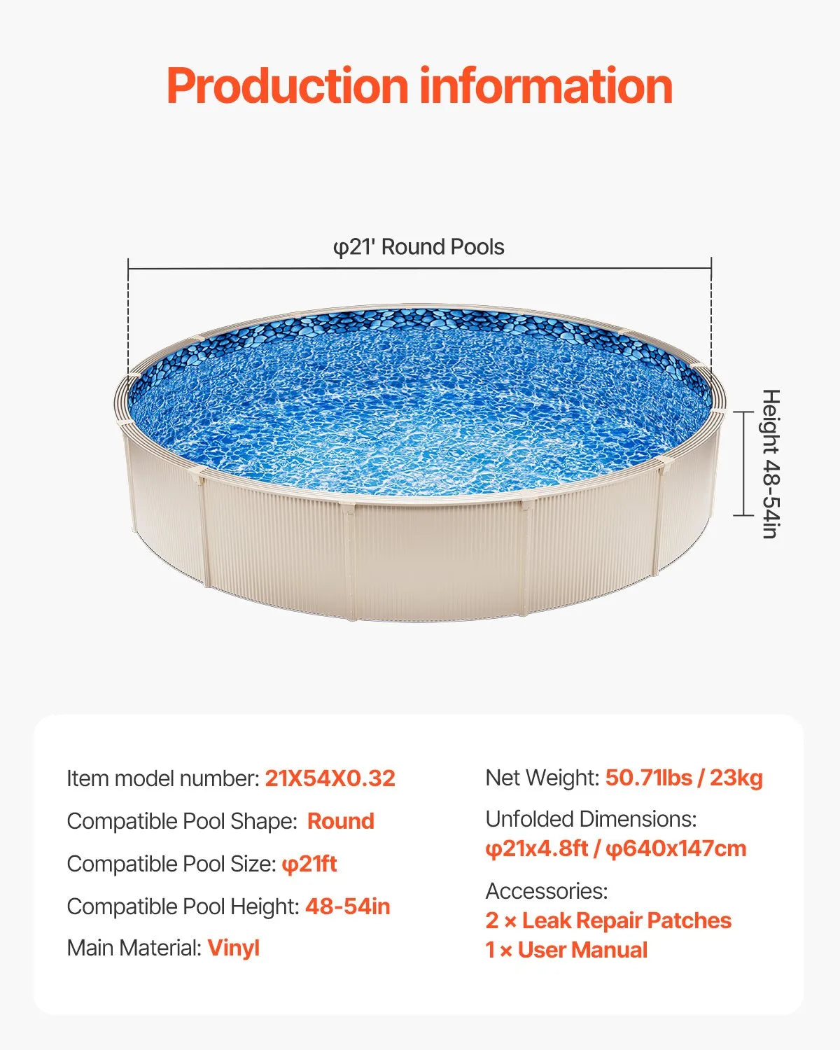 VEVOR Round Pool Liner 21ft Overlap Style Pool Liner 54in Wall Height