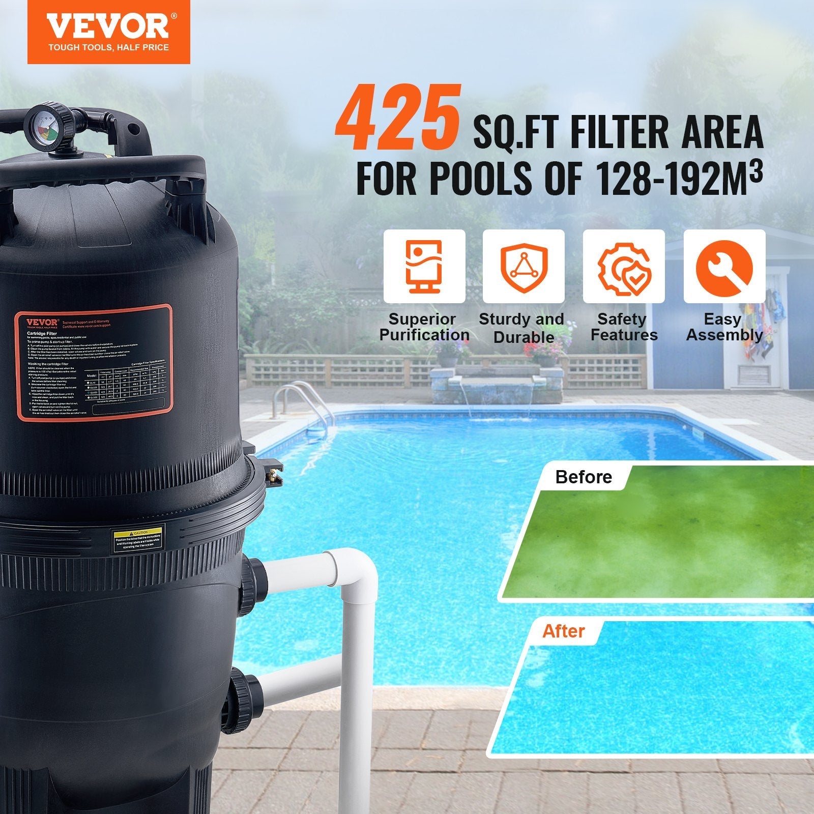 VEVOR Pool Cartridge Filter In/Above Ground Swimming Pool Filtration 425Sq.Ft