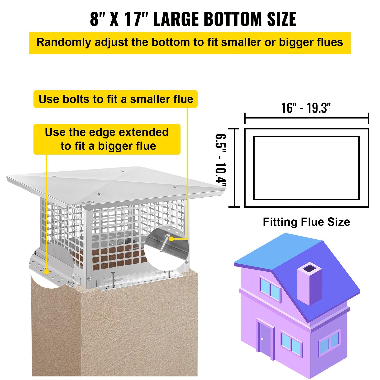 VEVOR Chimney Cap, 8" x 17" Flue Caps, 304 Stainless Steel Fireplace Chimney Cover, Adjustable Metal Spark Arrestor With Bolts Screws , Mesh Chimney Flue Cover for Outside Existing Clay Flue Tile