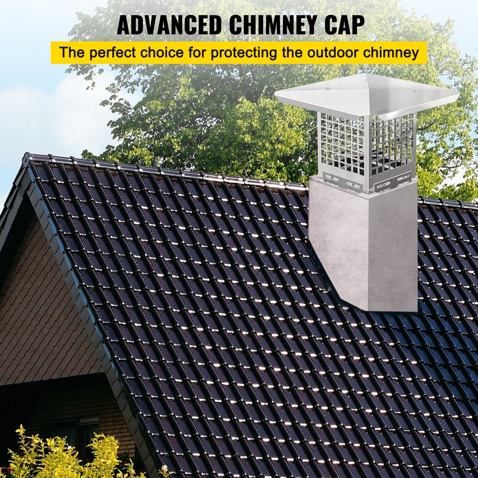 VEVOR Chimney Cap, 8" x 8" Flue Caps, 304 Stainless Steel Fireplace Chimney Cover, Adjustable Metal Spark Arrestor With Bolts Screws , Mesh Chimney Flue Cover for Outside Existing Clay Flue Tile