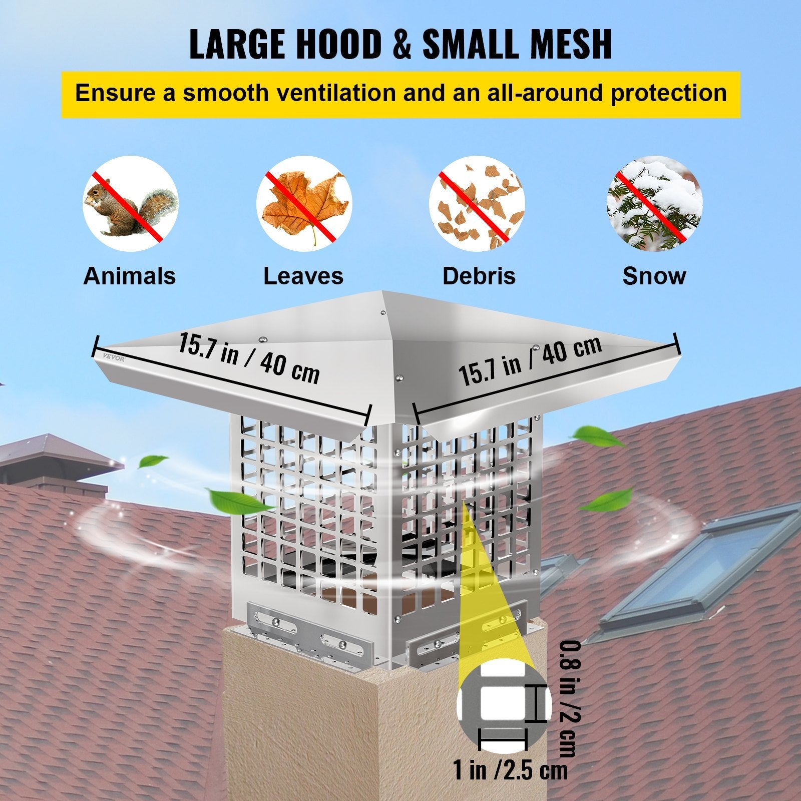 VEVOR Chimney Cap, 8" x 8" Flue Caps, 304 Stainless Steel Fireplace Chimney Cover, Adjustable Metal Spark Arrestor With Bolts Screws , Mesh Chimney Flue Cover for Outside Existing Clay Flue Tile