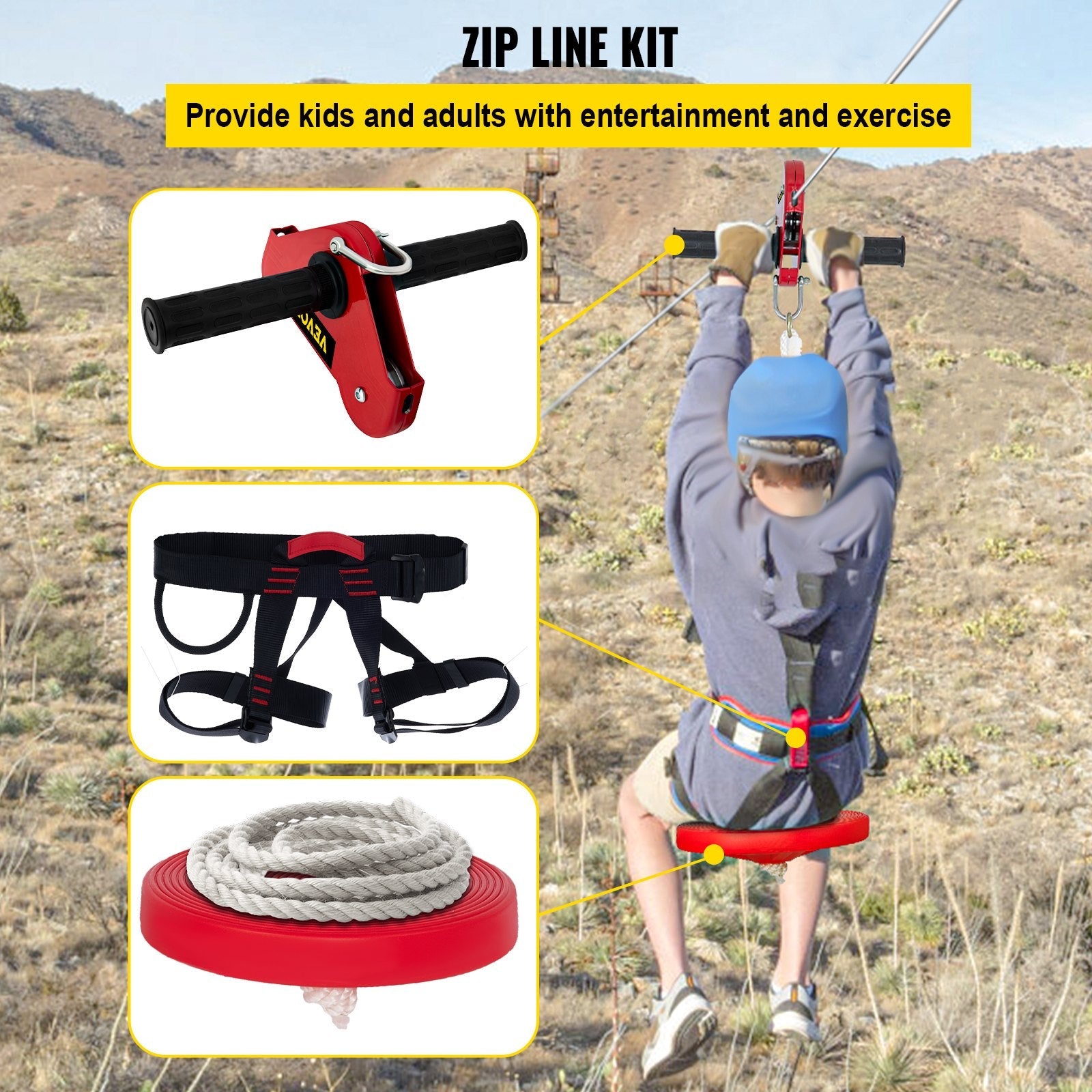 VEVOR Zip line Kits for Backyard 110FT, Zip Lines for Kid and Adult, Included Swing Seat, Zip Lines Brake, and Steel Trolley, Outdoor Playground Equipment