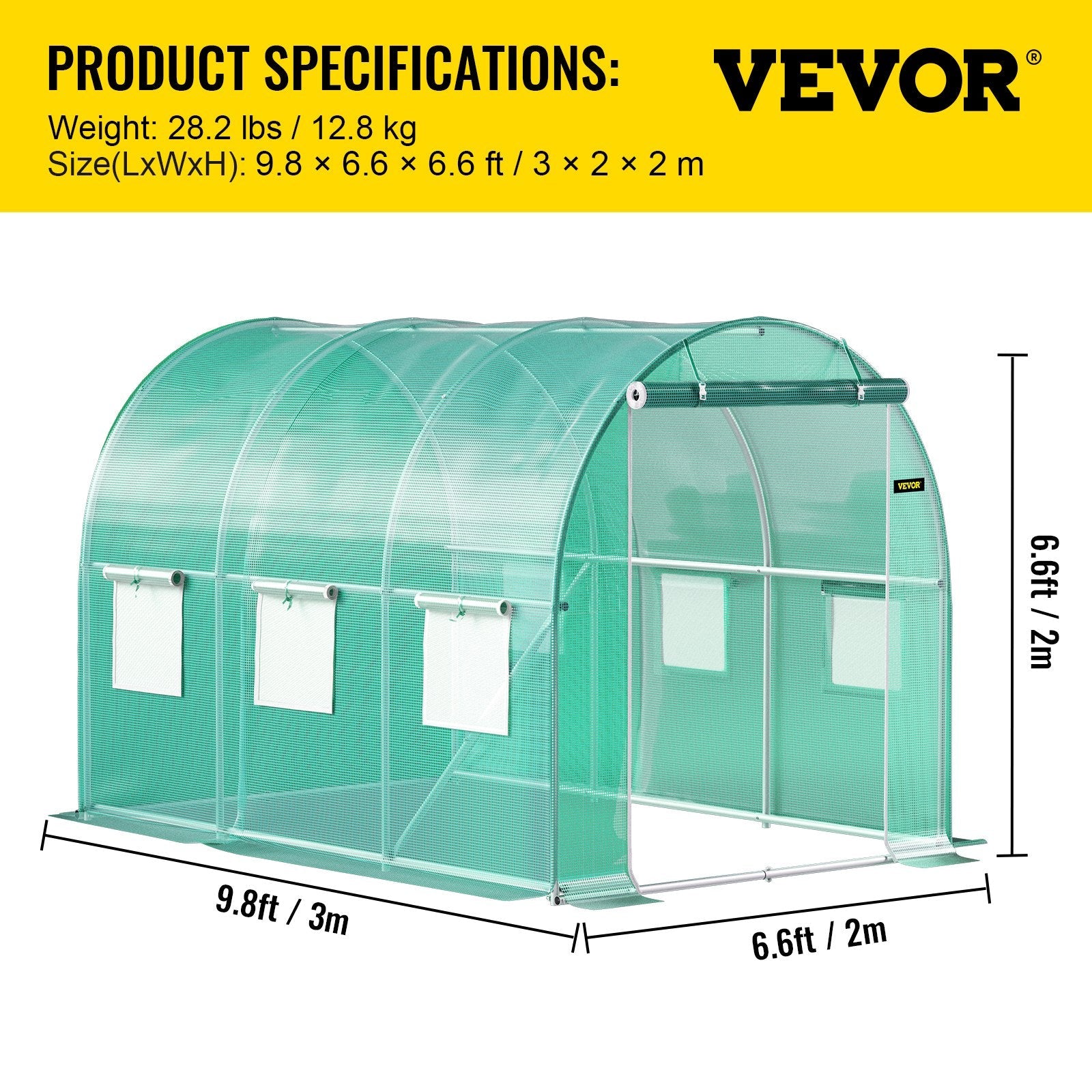 VEVOR Walk-in Tunnel Greenhouse, 9.8 x 6.6 x 6.6 ft Portable Plant Hot House w/ Galvanized Steel Hoops, 1 Top Beam, 2 Diagonal Poles, 2 Zippered Doors & 6 Roll-up Windows, Green