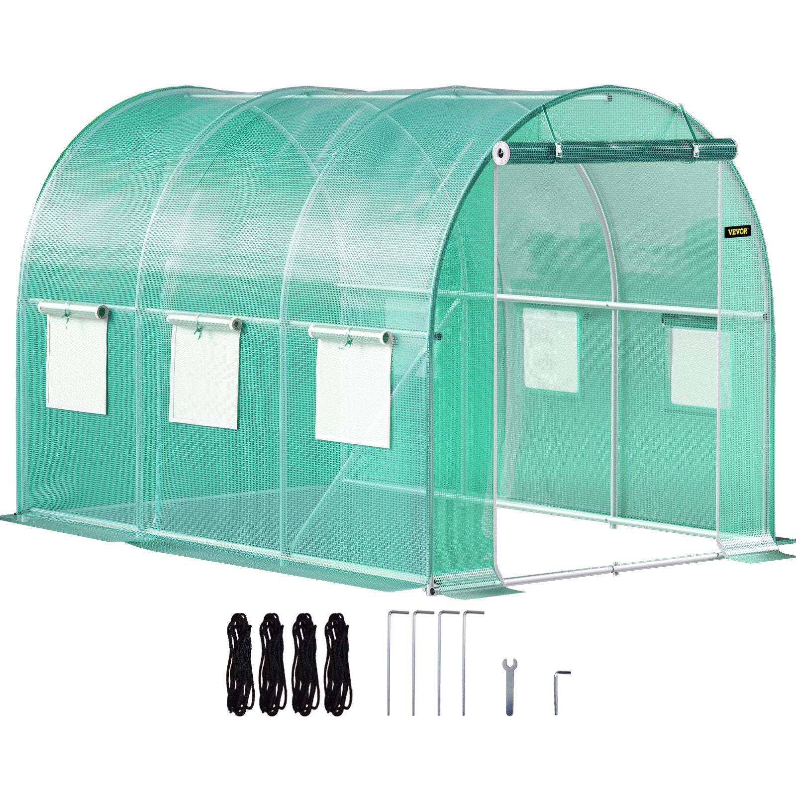 VEVOR Walk-in Tunnel Greenhouse, 9.8 x 6.6 x 6.6 ft Portable Plant Hot House w/ Galvanized Steel Hoops, 1 Top Beam, 2 Diagonal Poles, 2 Zippered Doors & 6 Roll-up Windows, Green