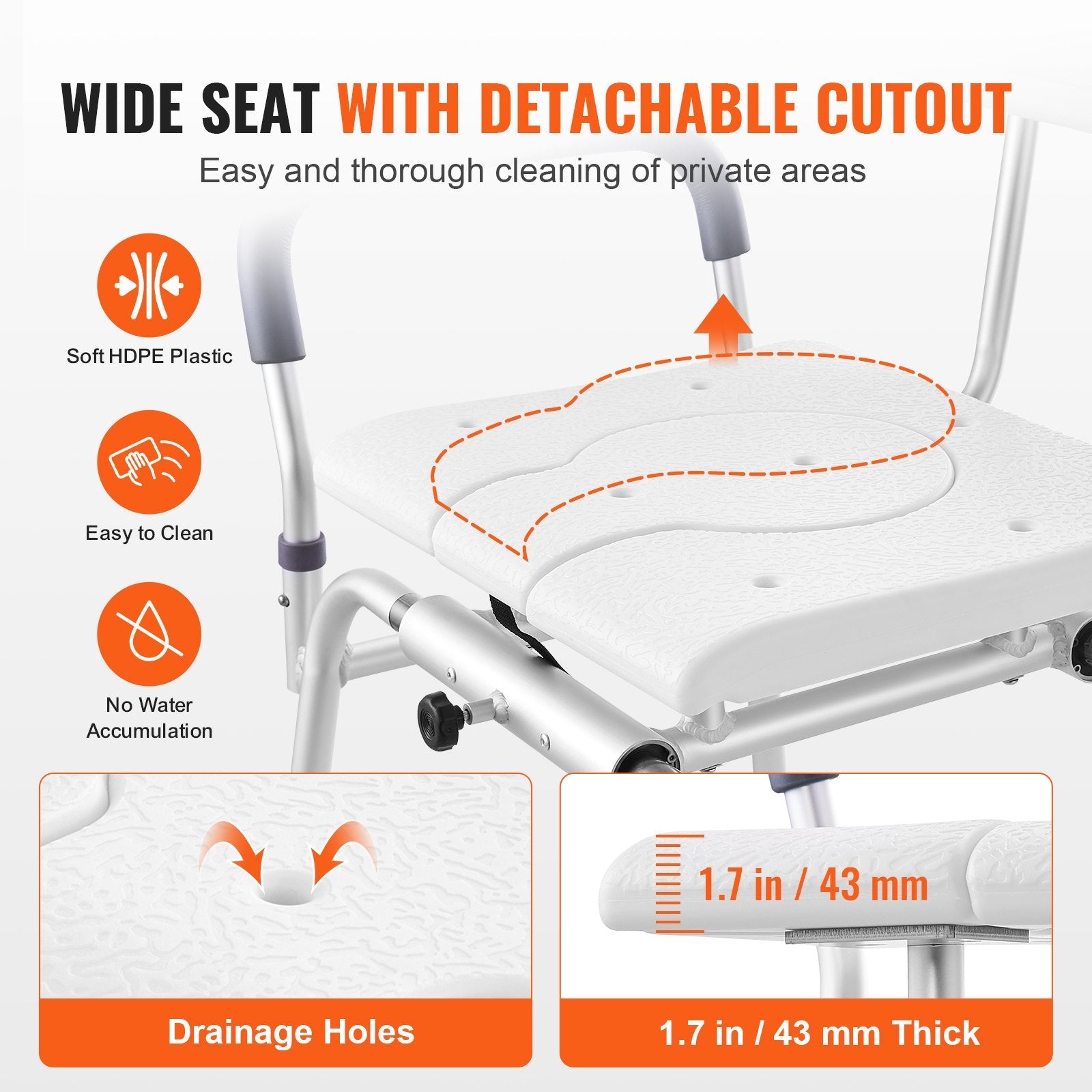 VEVOR Sliding Tub Transfer Bench Shower Chair & Cut-Out Seat Reversible Backrest