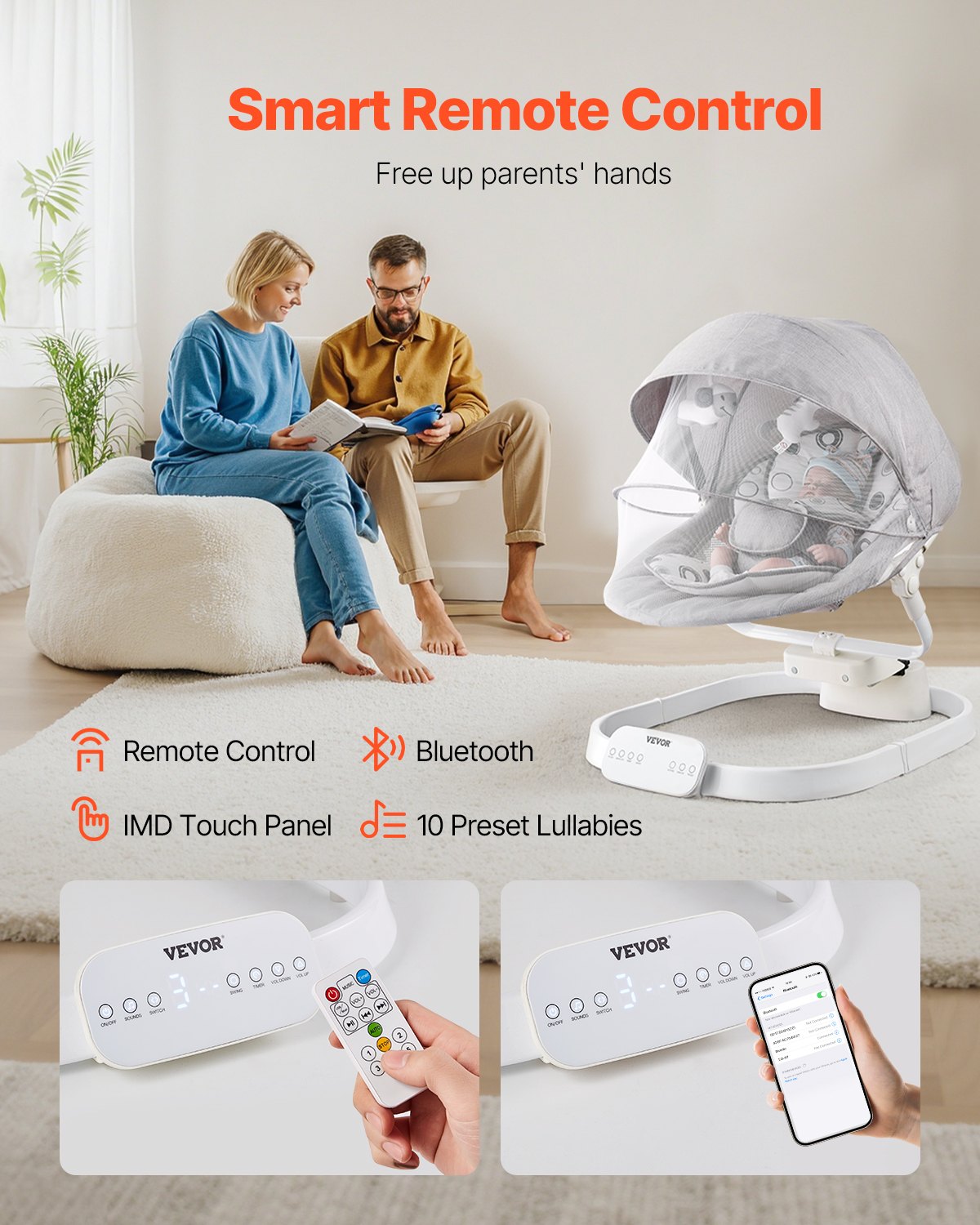 VEVOR Baby Swing for Infants 3 Speeds 3 Seat Positions Remote Control Bluetooth