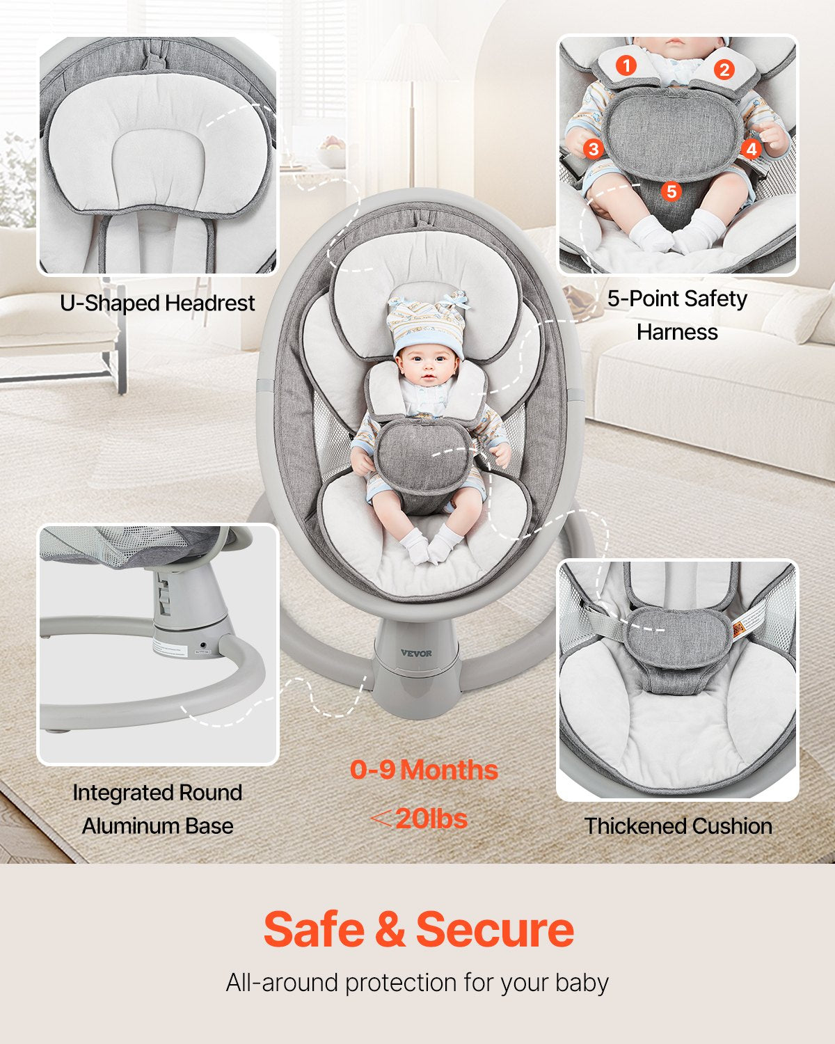 VEVOR Baby Swing for Infants 5 Speeds Remote Control Bluetooth Lullabies Cushion
