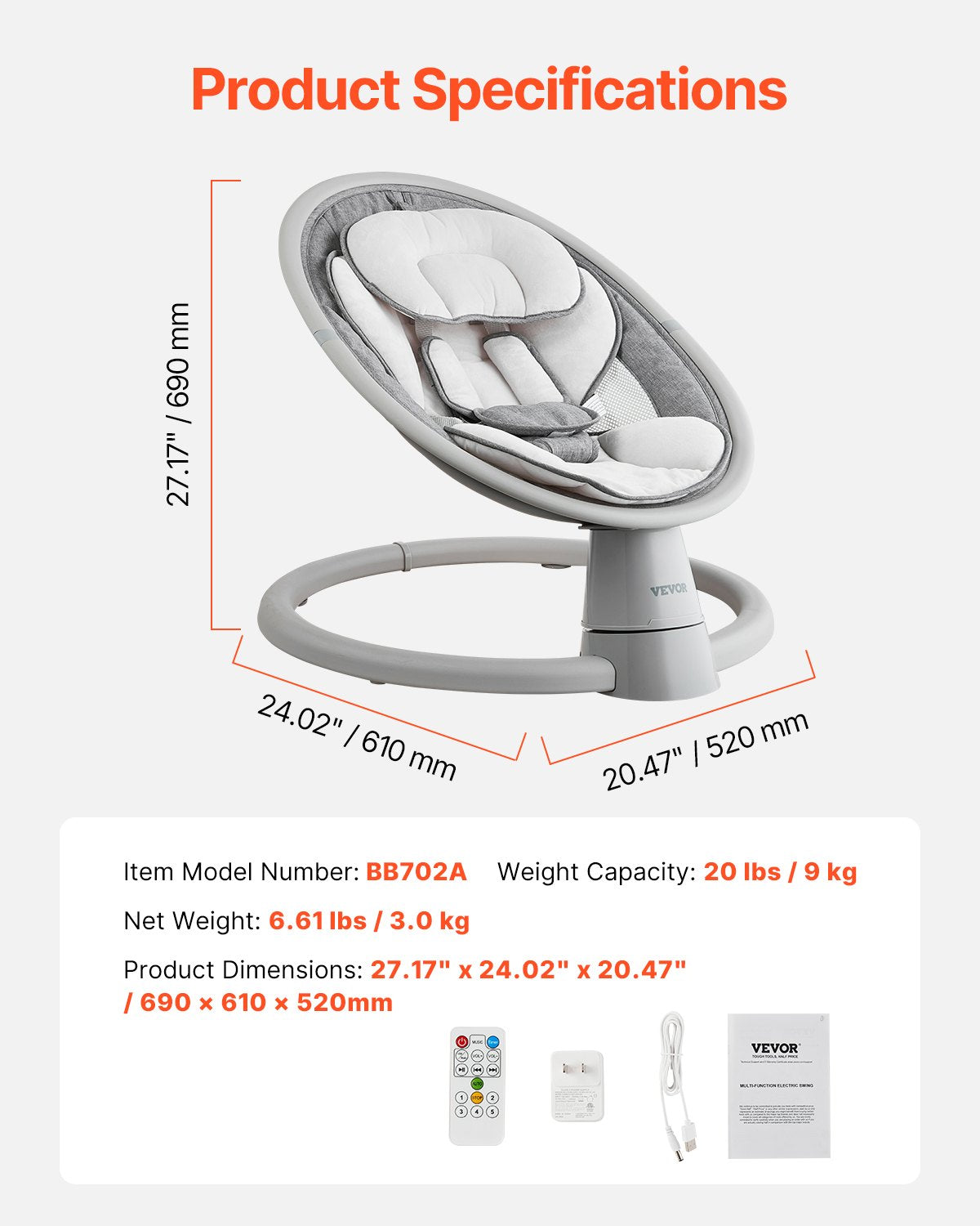 VEVOR Baby Swing for Infants 5 Speeds Remote Control Bluetooth Lullabies Cushion