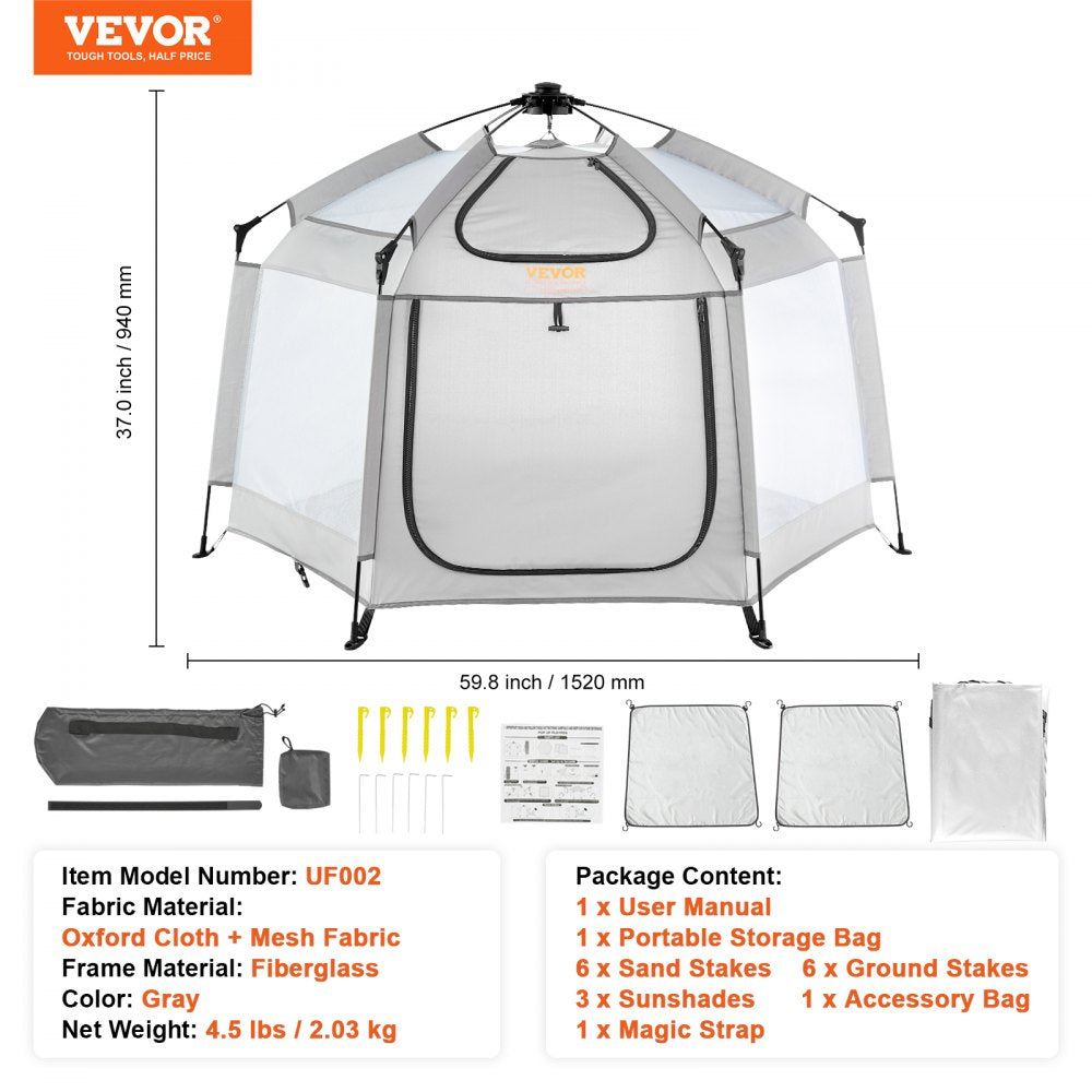 VEVOR Baby Playpen with Canopy, 59.8"x59.8" Indoor/Outdoor Portable Playpen for Babies and Toddlers, Lightweight & Foldable, Pop Up Toddler Play Yard with 3 Sun-Shades, Travel Bag for Beach Home Park