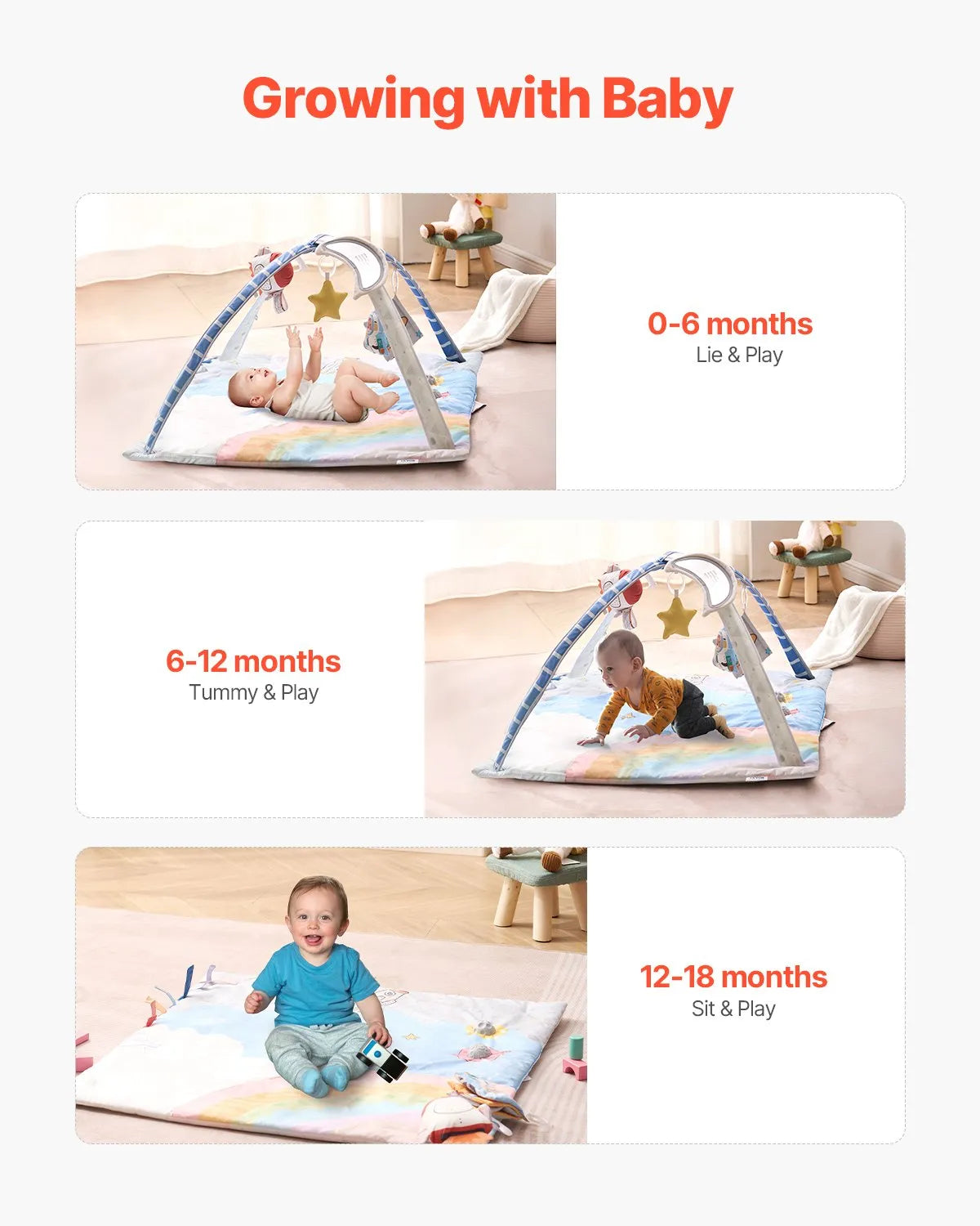VEVOR Baby Play Gym Mat Tummy Time Activity Mat with 6 Sensory Toy 35.0" x 35.0"