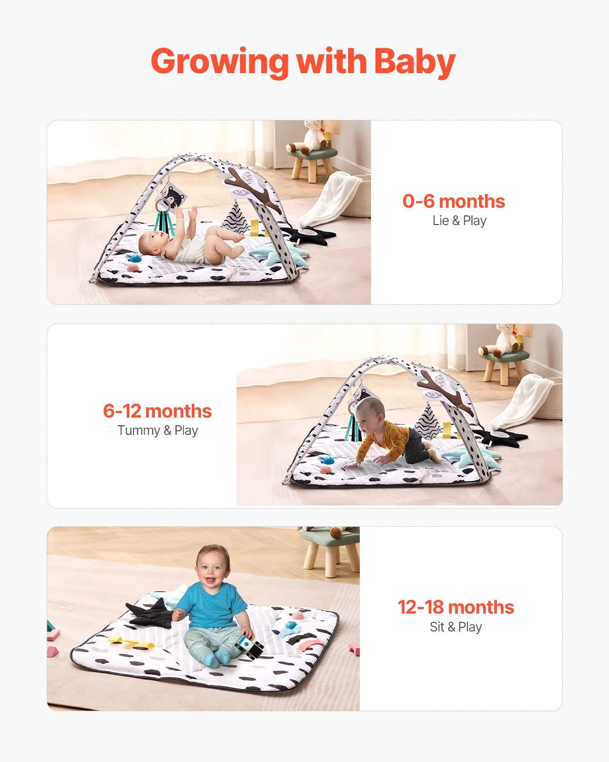 VEVOR Baby Play Gym Mat Tummy Time Activity Mat with 6 Sensory Toy 34.4" x 34.4"