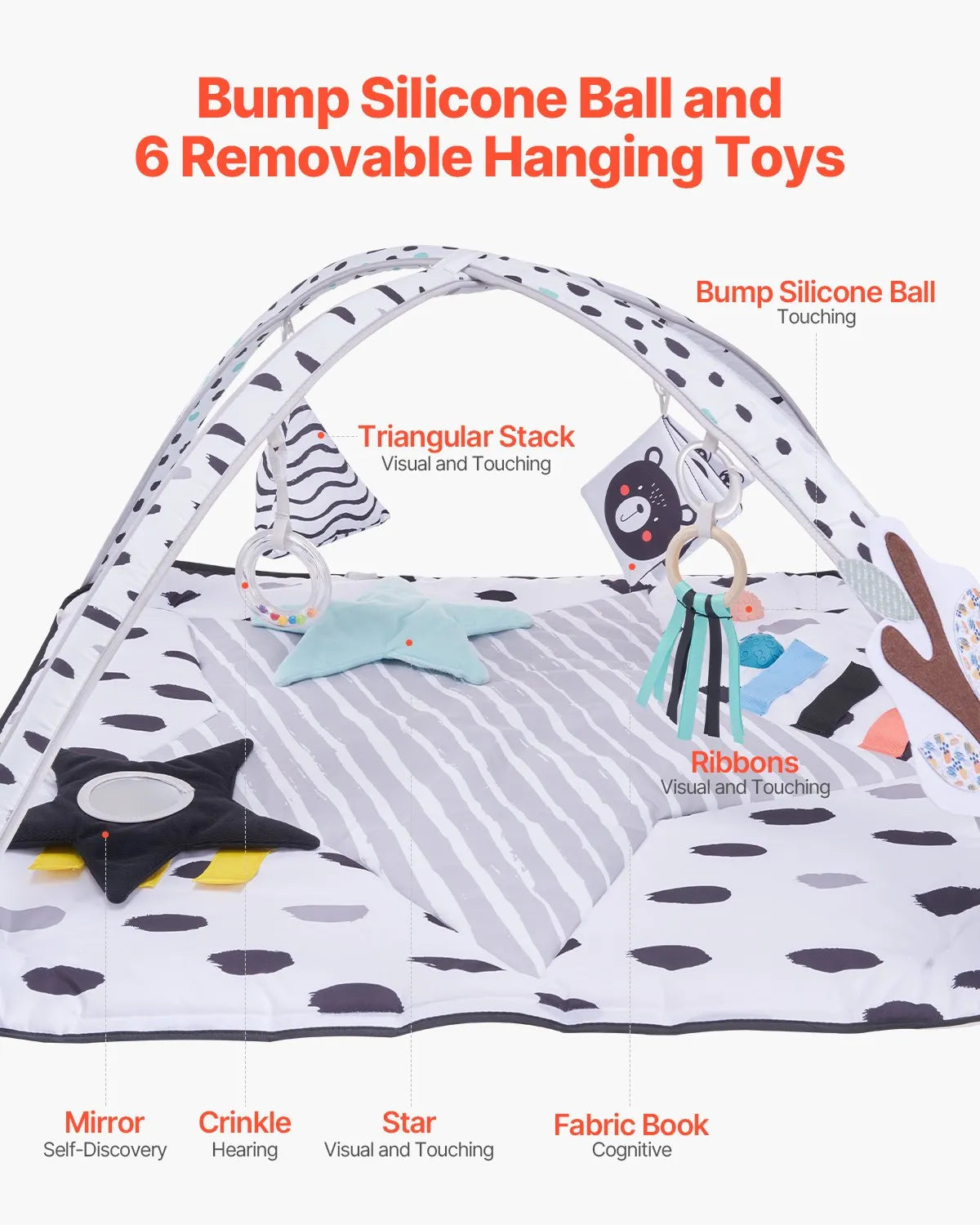 VEVOR Baby Play Gym Mat Tummy Time Activity Mat with 6 Sensory Toy 34.4" x 34.4"