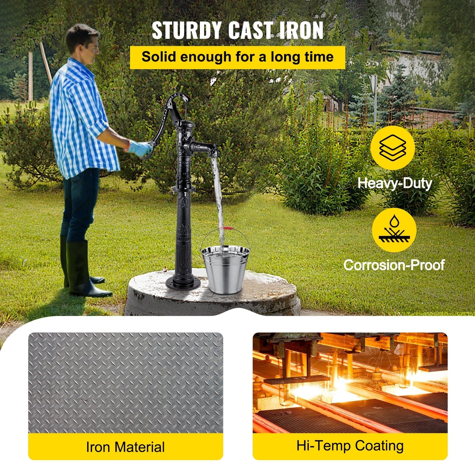 VEVOR Hand Water Pump w/ Stand, 15.7 x 9.4 x 53.1 inch Pitcher Pump & 26 inch Pump Stand w/ Pre-set 1/2" Holes for Easy Installation, Rustic Cast Iron Well Pump for Yard, Garden, Farm Irrigation,Black