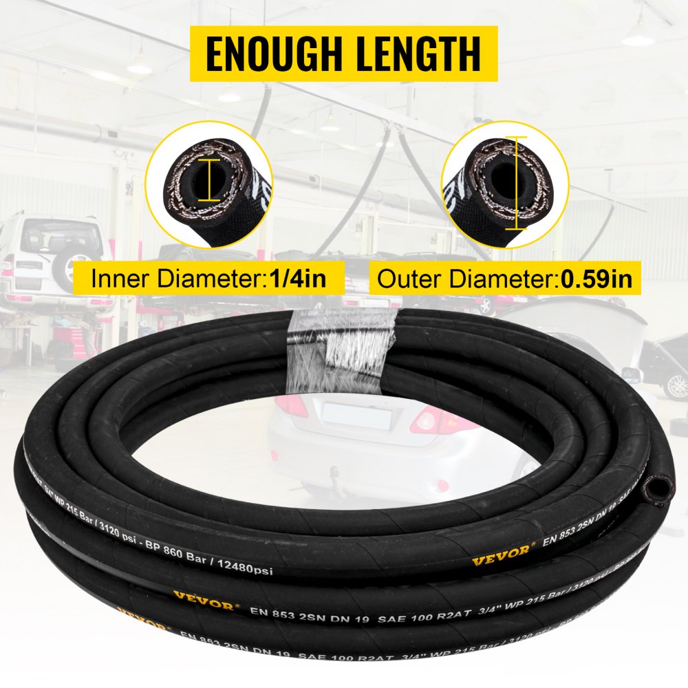 VEVOR Hydraulic Hose 1/4 inch x 100 ft, Coiled Hydraulic Hose 5800 PSI, Rubber Hydraulic Hose with 2 High-Tensile Steel Wire Braid, Bulk Hydraulic Hose -20? to 140?, Hydraulic Oil Flexible Hose