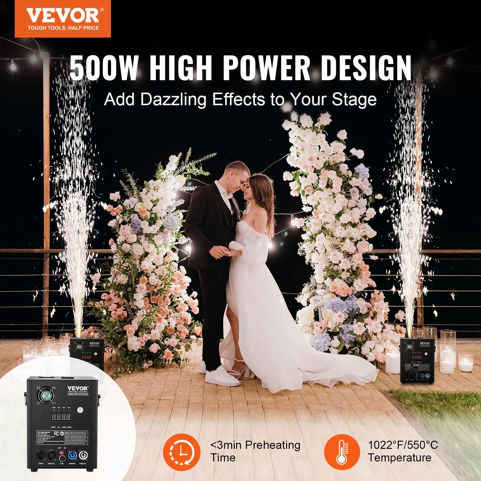 VEVOR Cold Spark Firework Machine 500W 6.6-13ft Stage DJ Wedding Event Party